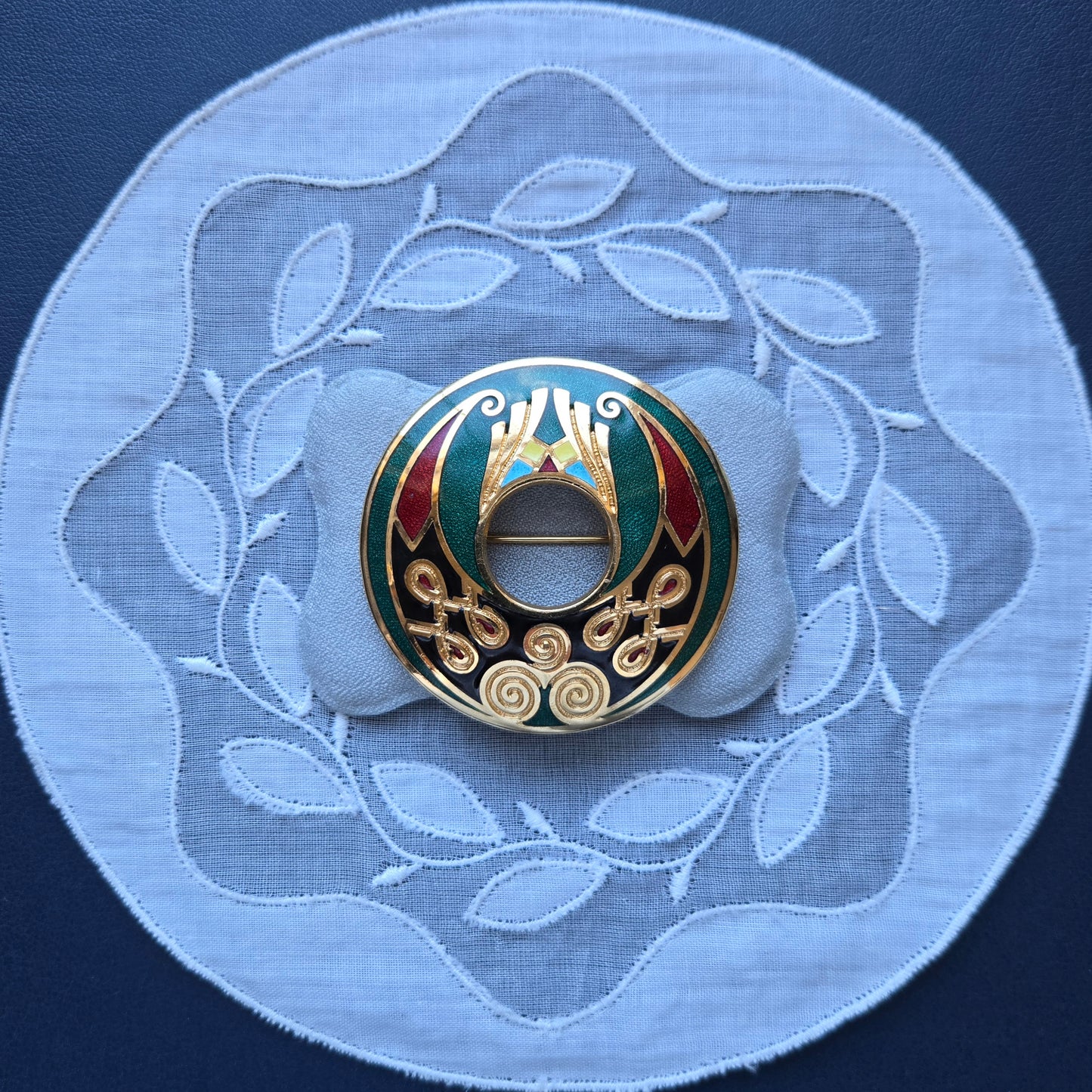 Brooch - Green Red and Black Enamel Round Brooch