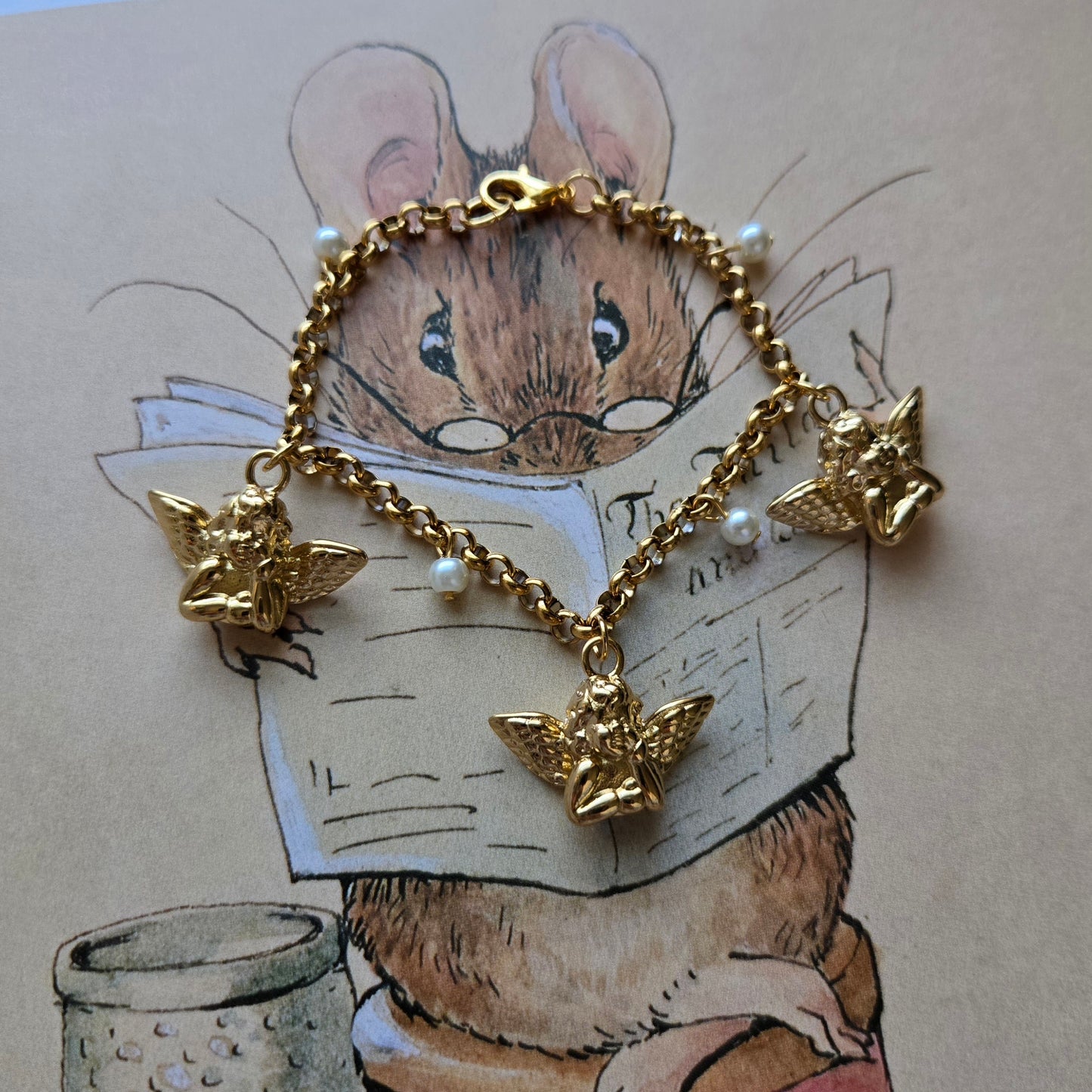 Bracelet - Gold Cherub and Pearl Charm Bracelet