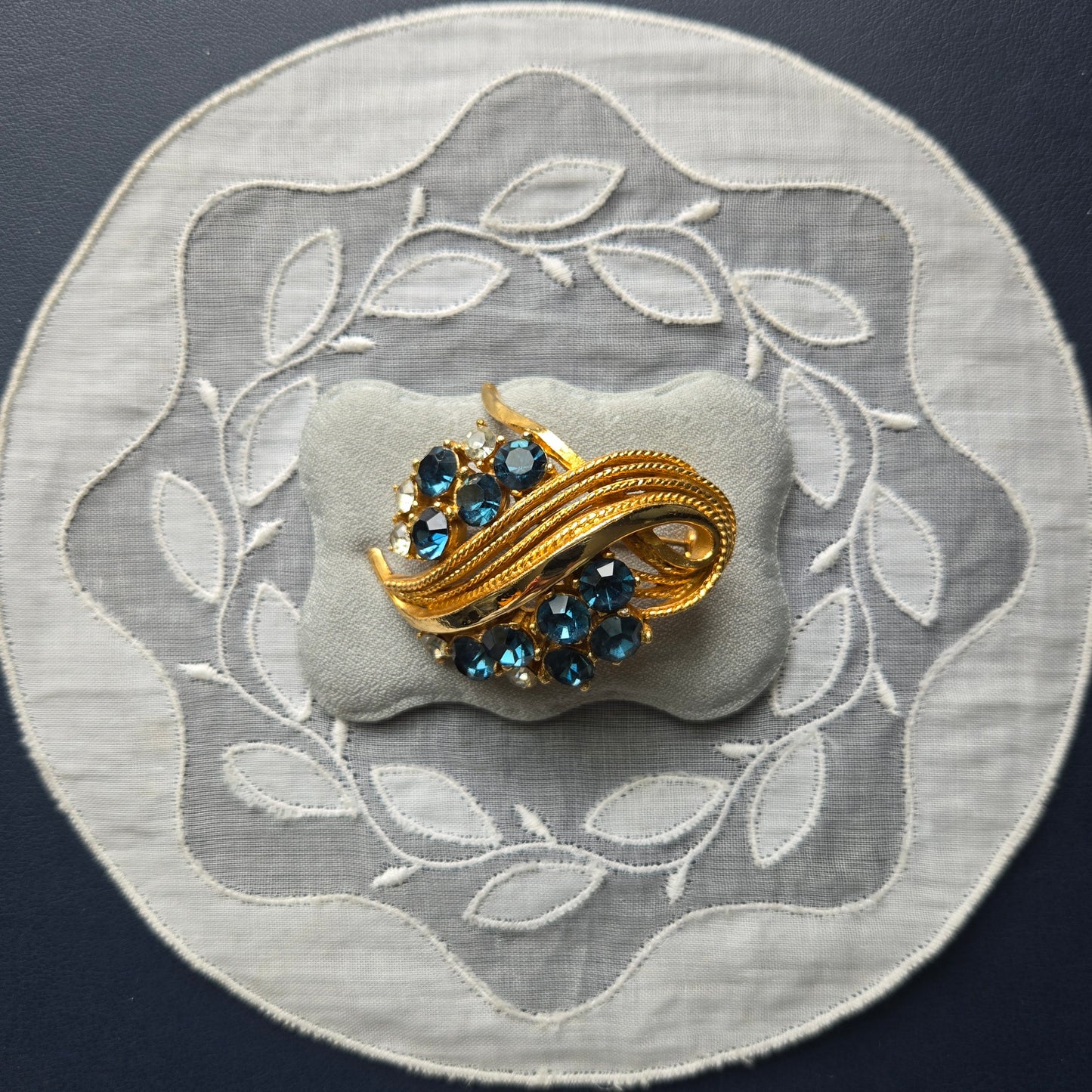 Brooch - Vintage Sphinx Blue and Clear Rhinestones Statement Brooch