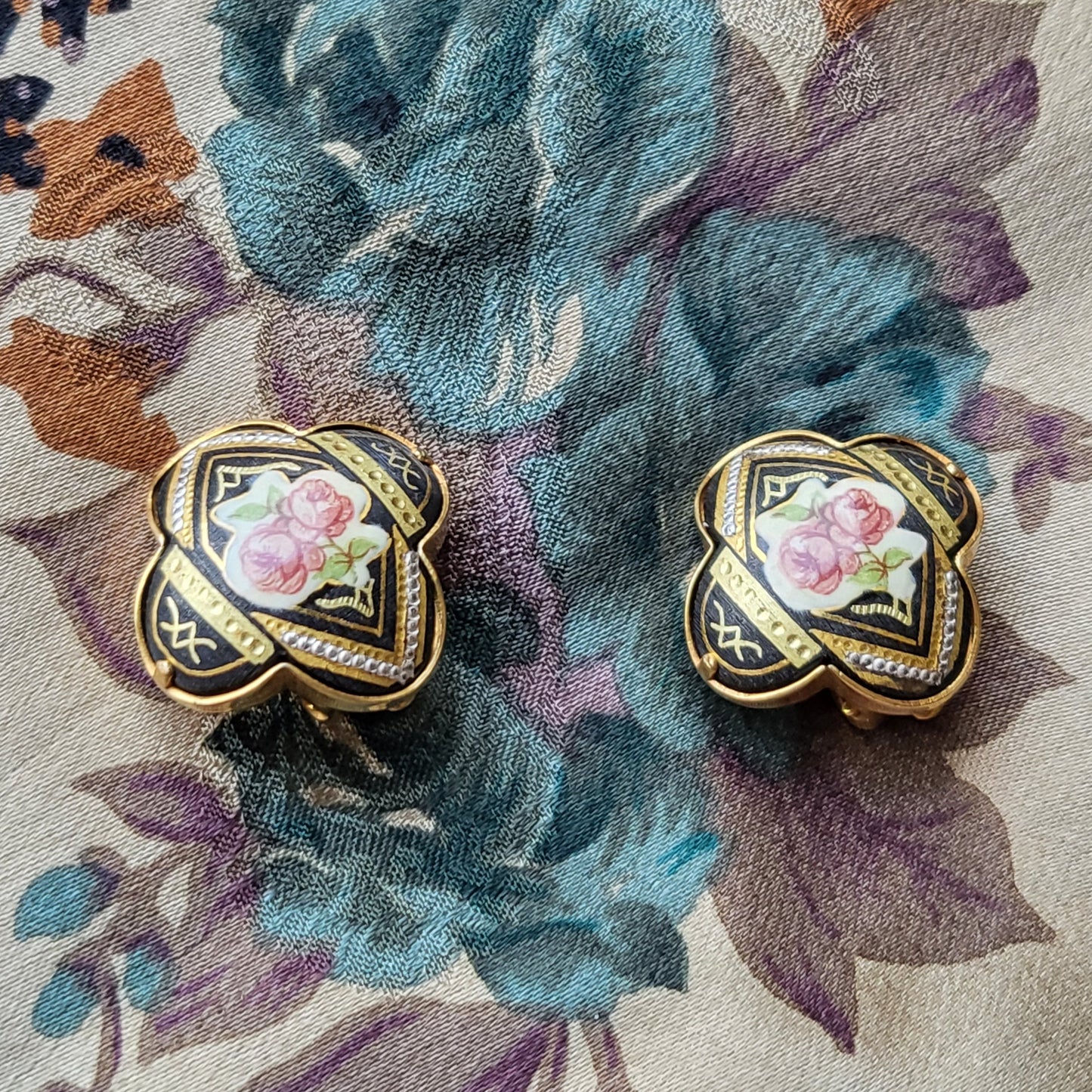 Clip on - Damascene Enamel Rose Clip On Earrings