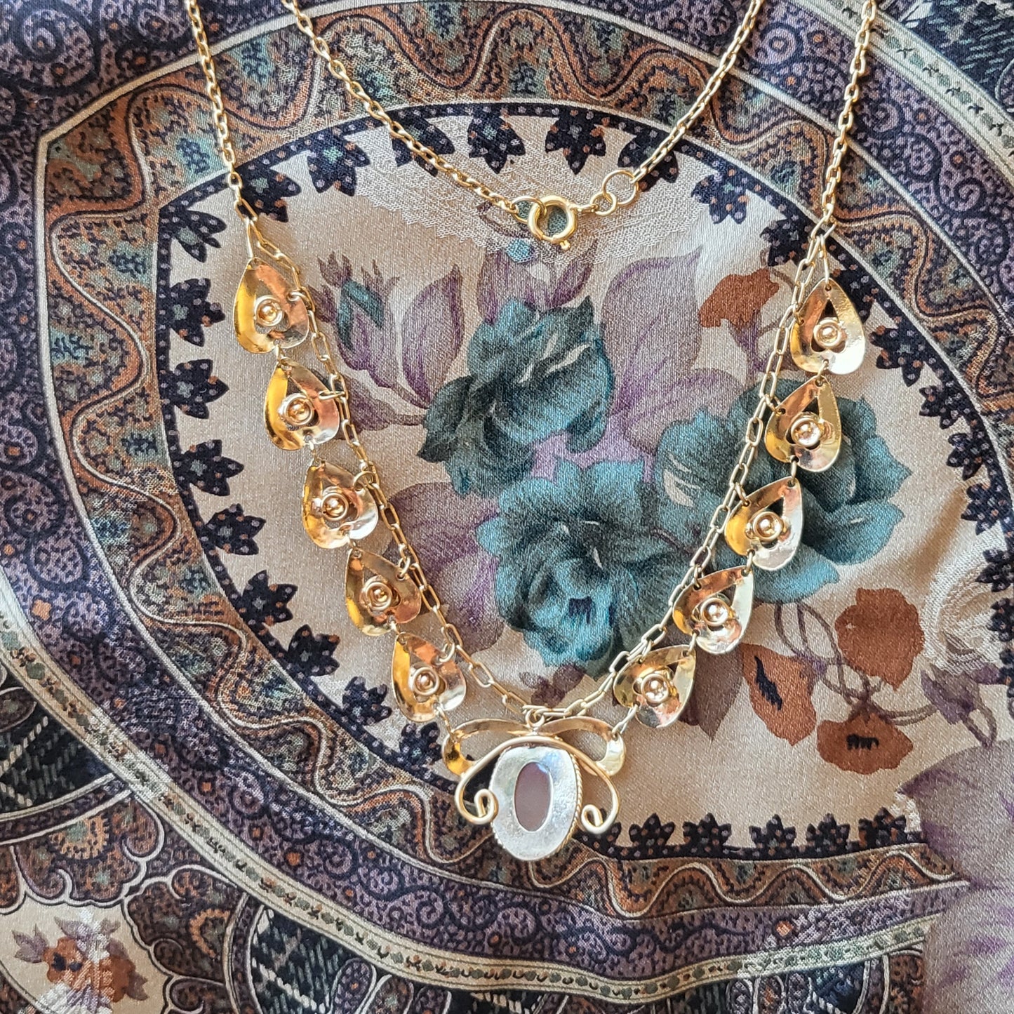 Necklace - Vintage Amber Glass and Red and Clear Crystal Heart Chain Necklace