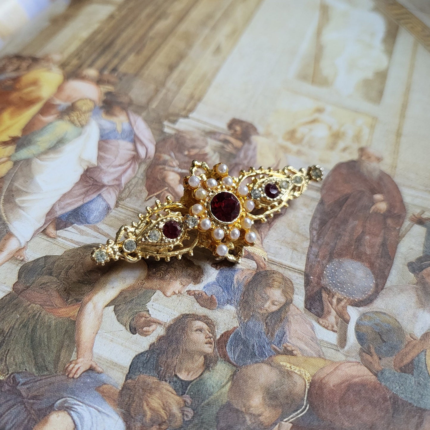 Brooch - Red Crystals and Seed Pearls Bar Brooch