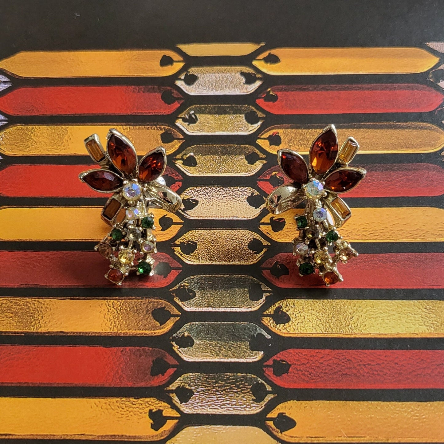 Clip on - Orange Yellow and Green Crystal Flower Clip On Earrings