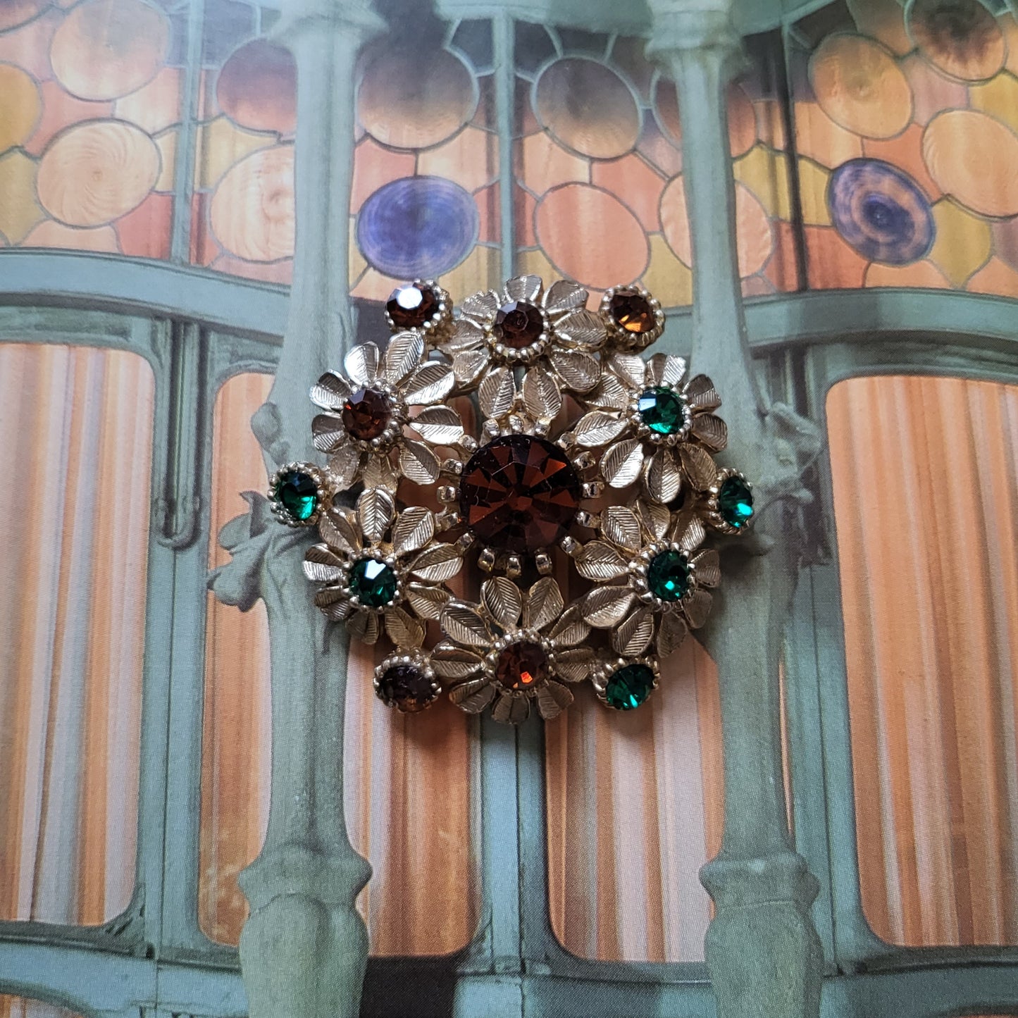 Brooch - Sphinx Amber and Green Crystal Flower Cluster Brooch