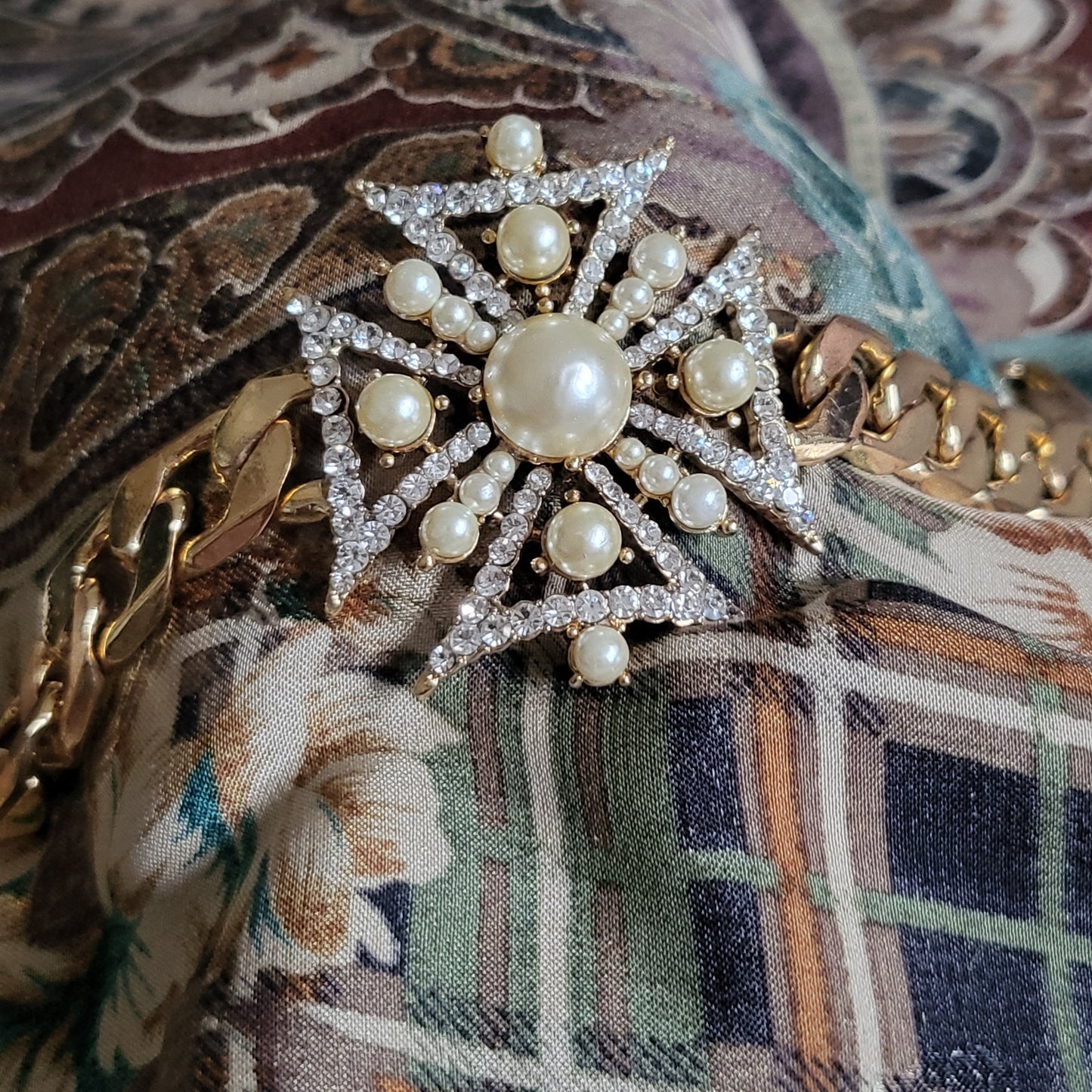 Bracelet - Butler and Wilson Pearl and Crystal Maltese Cross Chain Bracelet