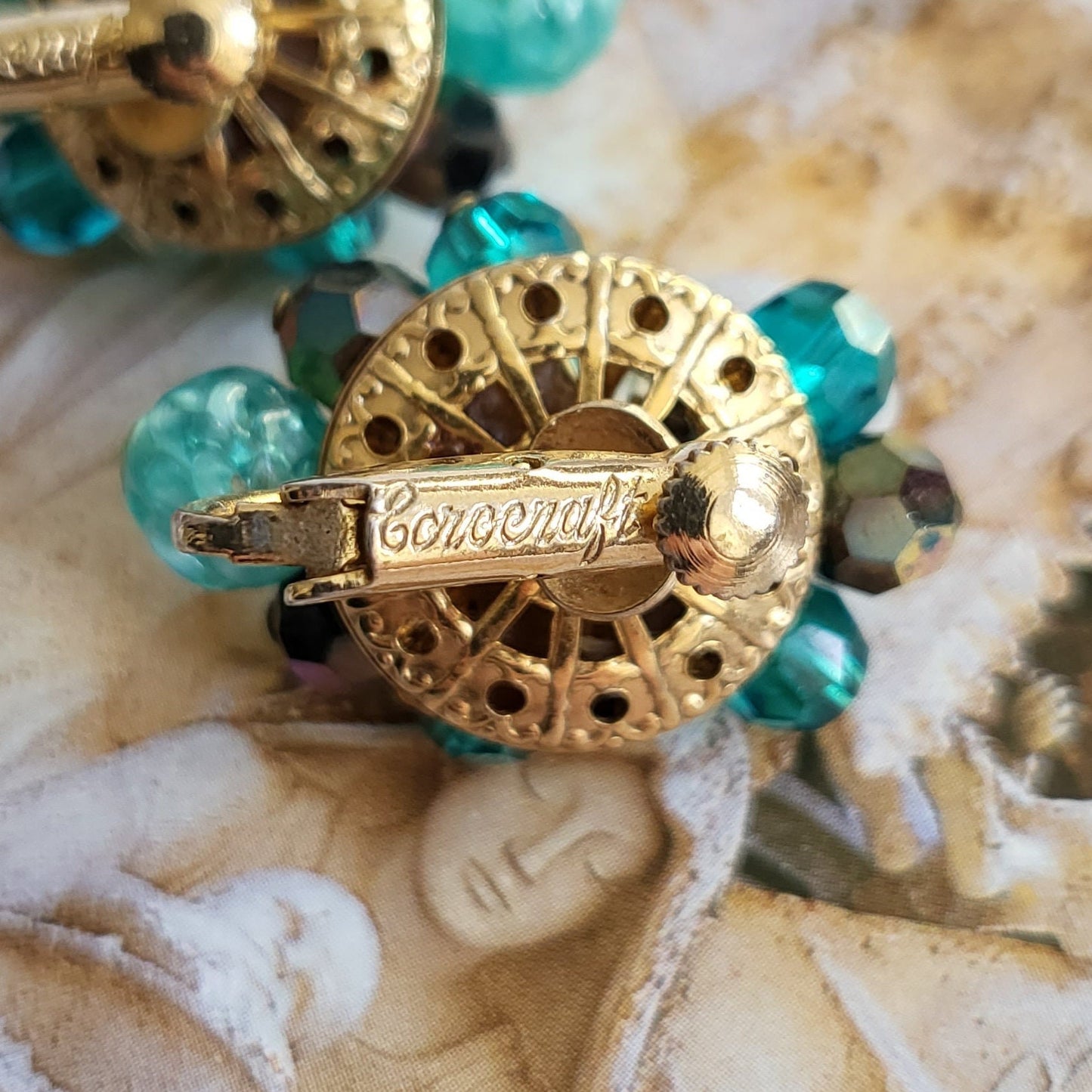 Clip on - Corocraft Green and Blue Glass Beads Clip On Earrings