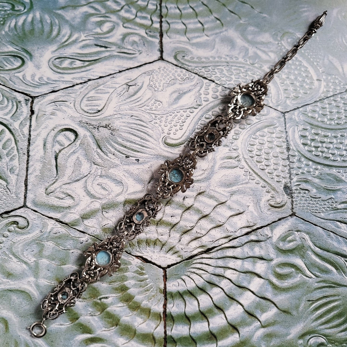 Bracelet - Art Nouveau Style Antiqued Silver Metal Turquoise Bracelet