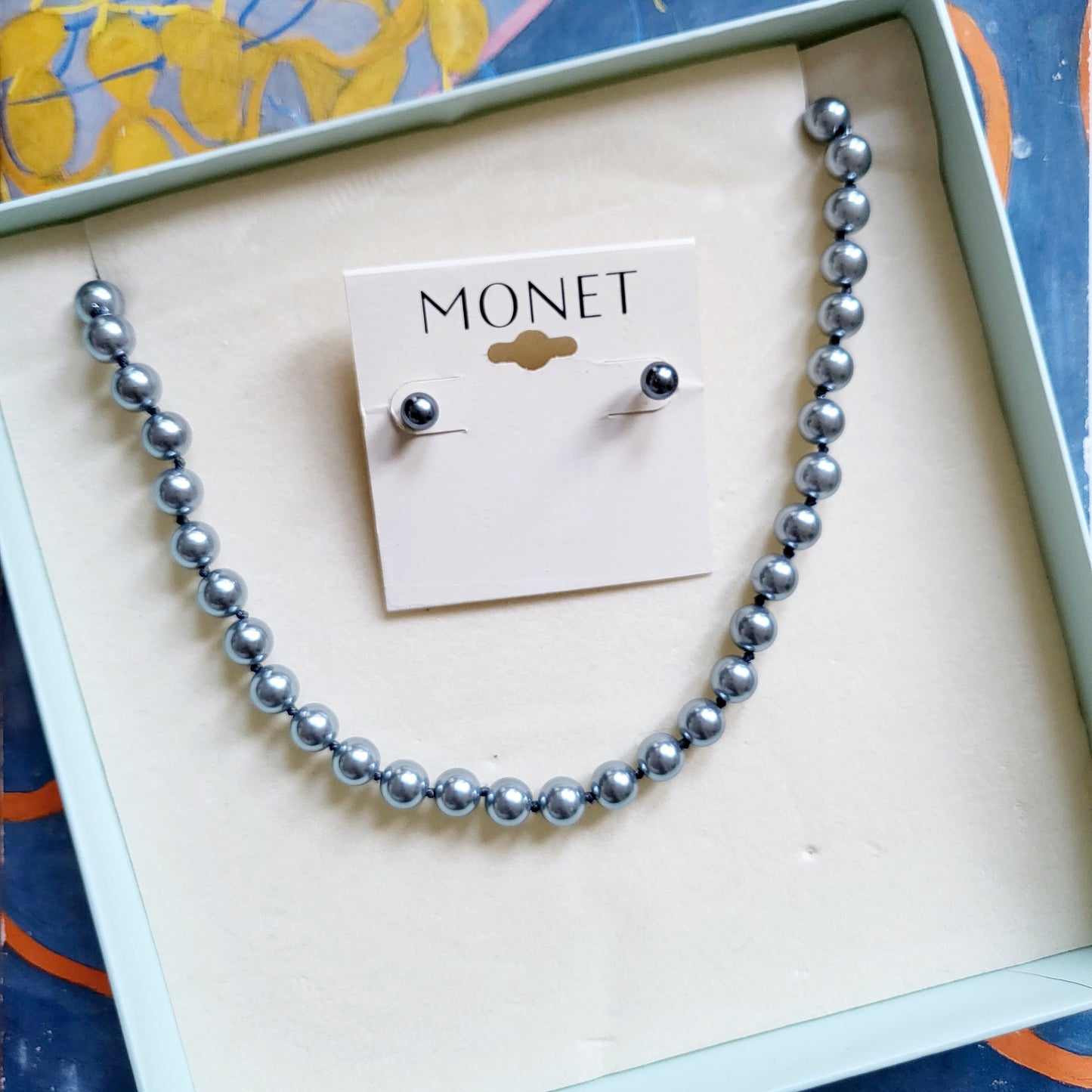 Set - Monet Grey Pearl Necklace and Stud Earrings
