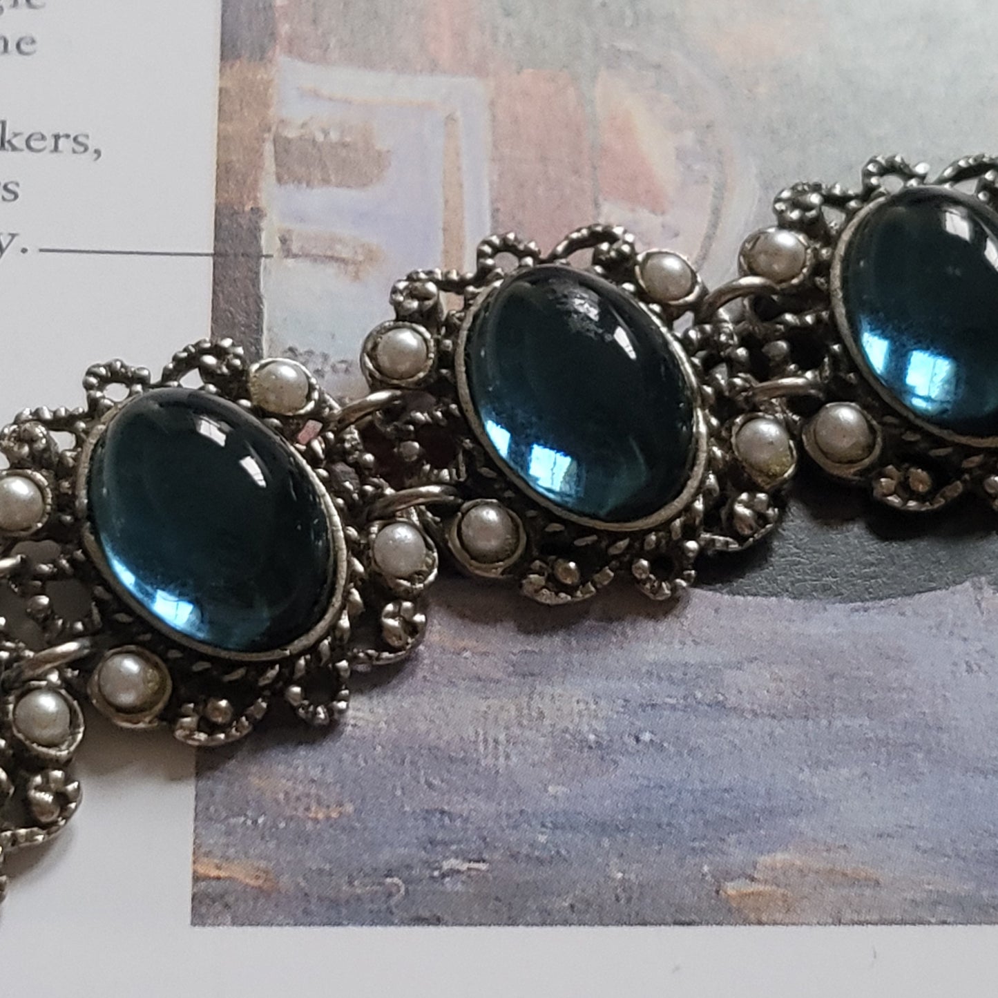 Bracelet - Filigree Style Antiqued Silver Metal Blue Cabochon Bracelet