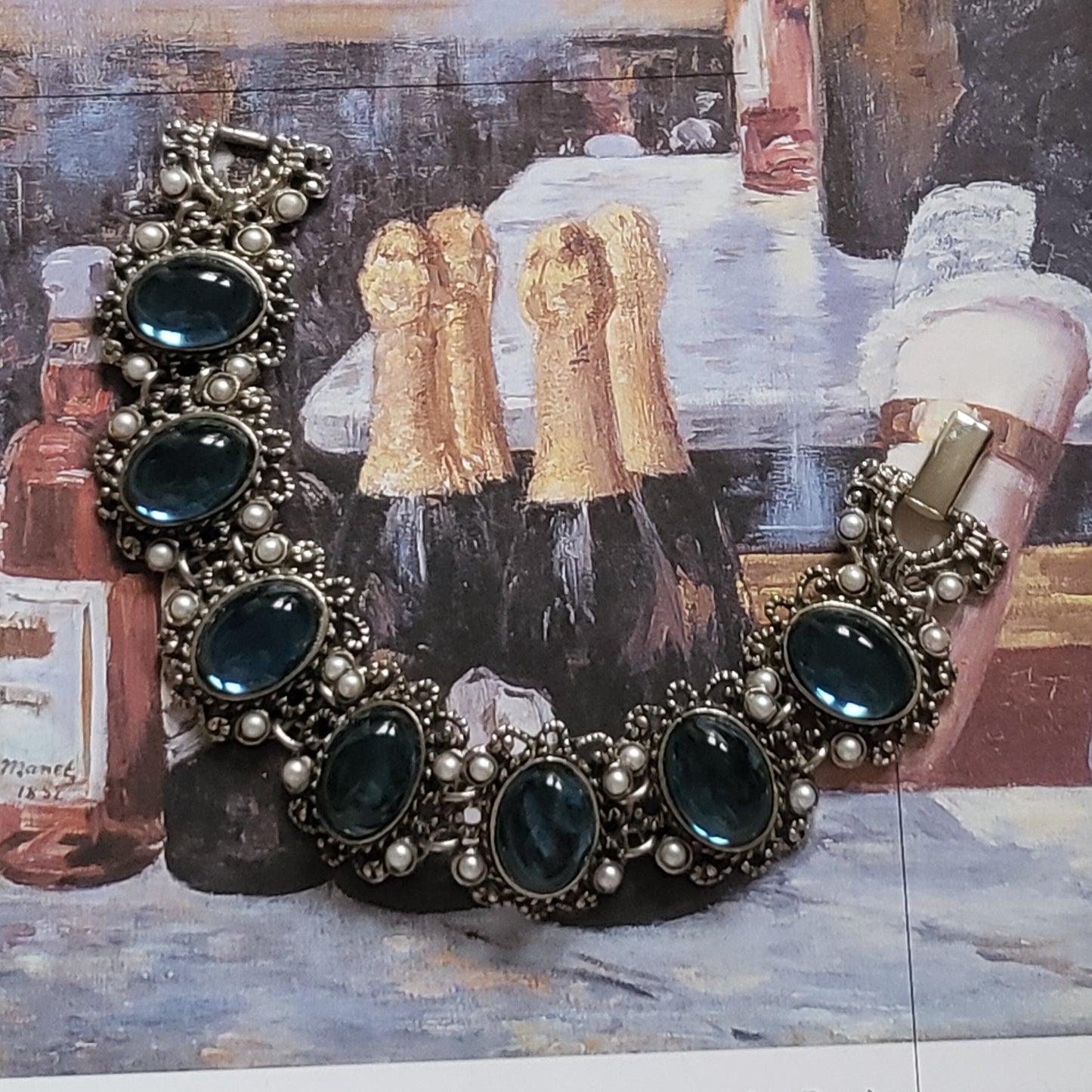 Bracelet - Filigree Style Antiqued Silver Metal Blue Cabochon Bracelet