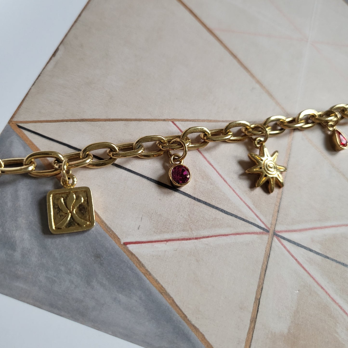 Bracelet - Red Orange and Pink Crystal Gold Charm Bracelet