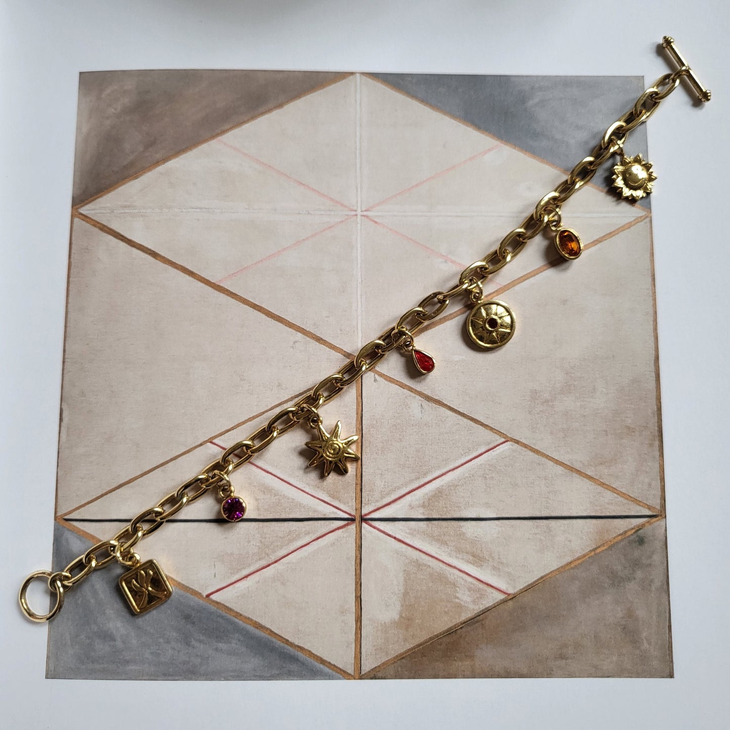 Bracelet - Red Orange and Pink Crystal Gold Charm Bracelet