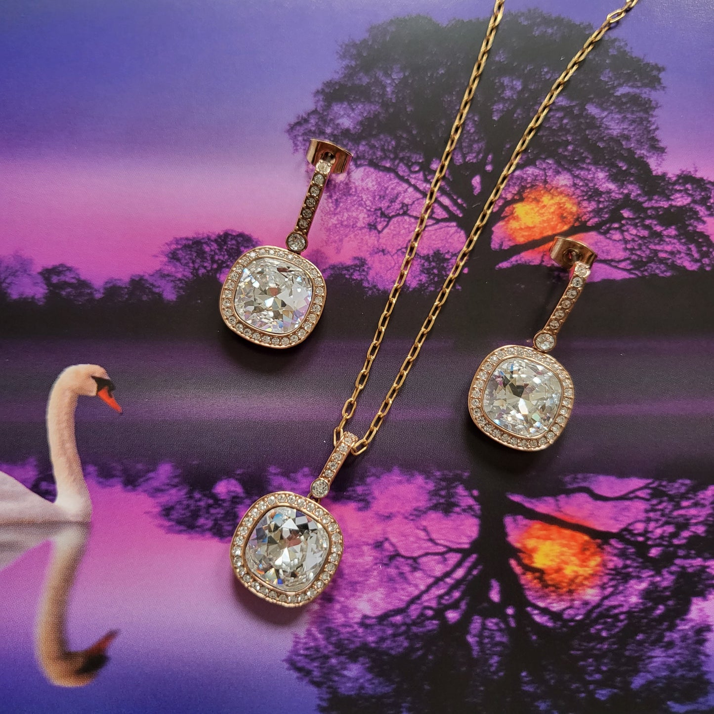 Posts - Swarovski Rose Gold Cushion Cut Crystal Drop Earrings