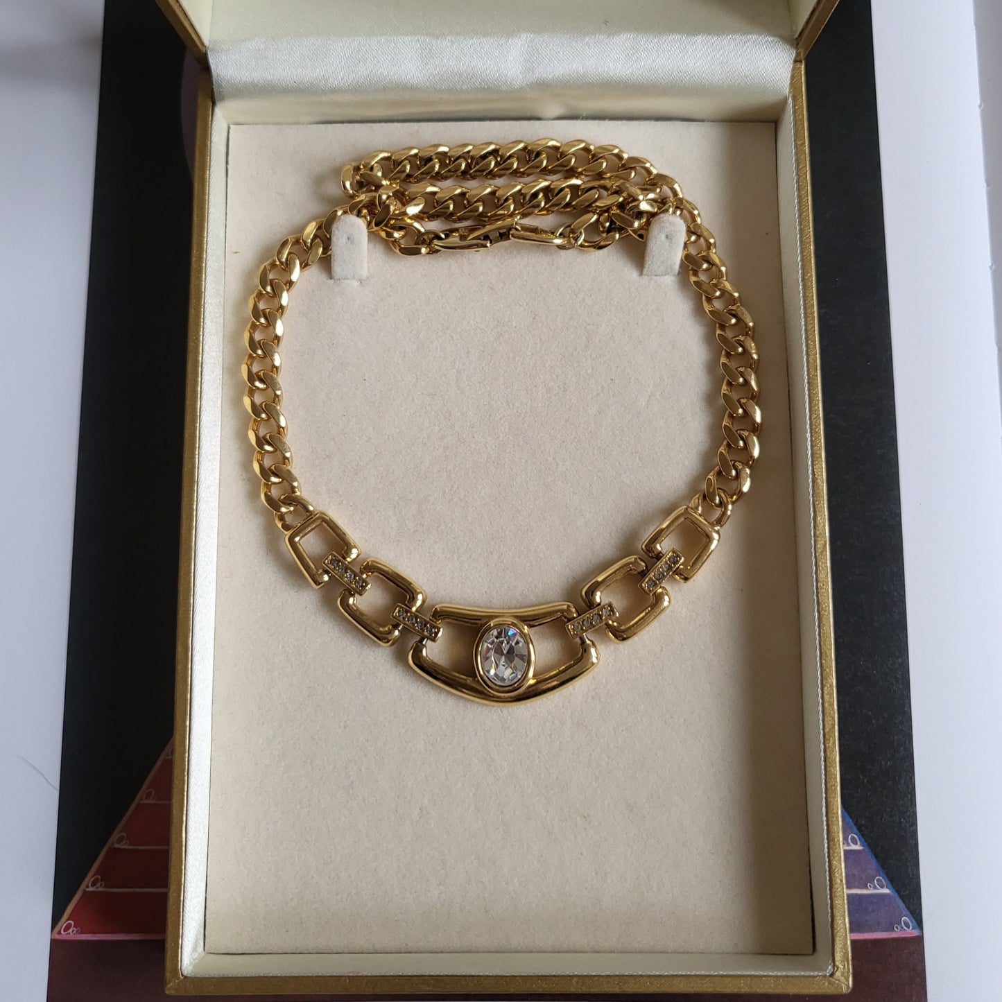 Necklace - Napier Clear Crystal Gold Square Link Chain Necklace