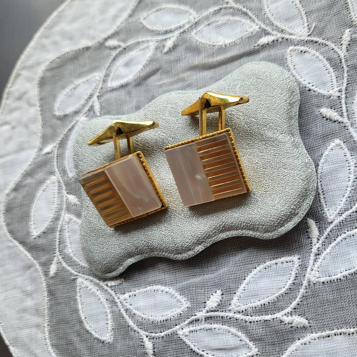 Cufflinks - Square Mother of Pearl and Gold Stripes Cufflinks