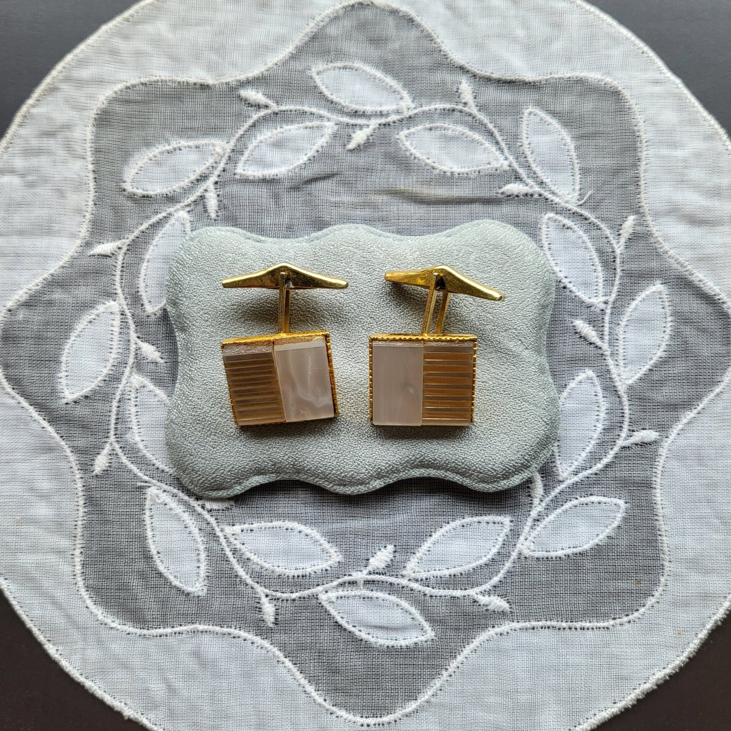 Cufflinks - Square Mother of Pearl and Gold Stripes Cufflinks