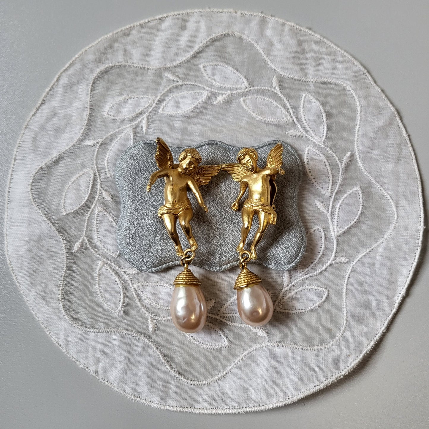 Clip on - Merola Cherub with Pearl Drops Statement Clip on Earrings