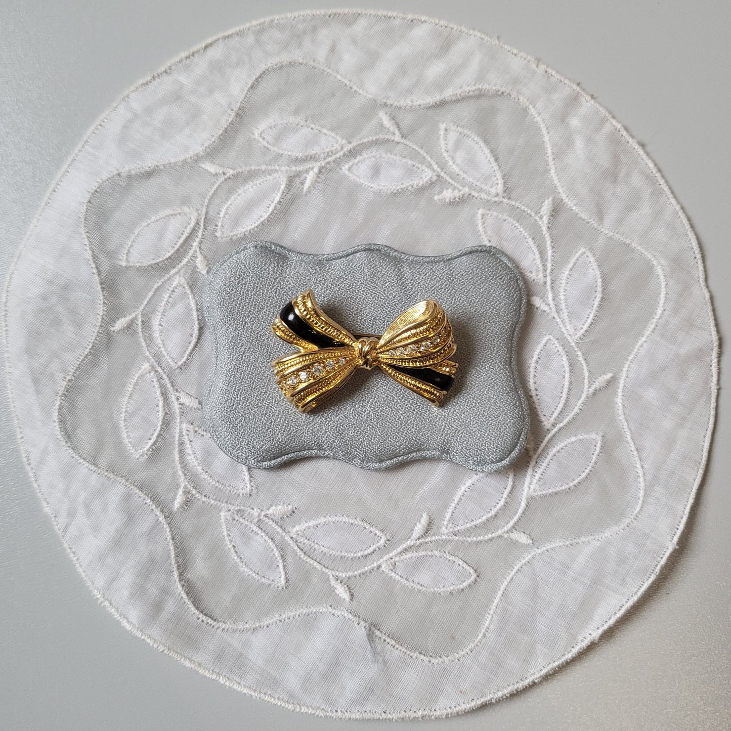 Brooch - Black Enamel and Crystals Bow Brooch