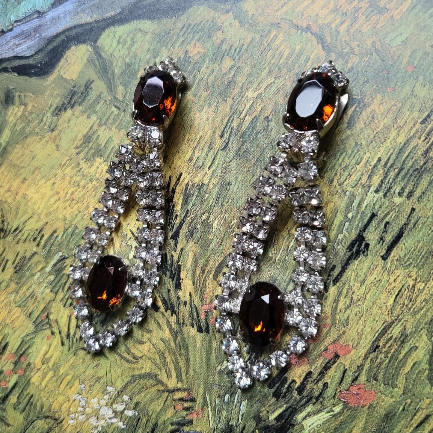 Clip on - Brown Orange and Clear Crystal Clip on Earrings