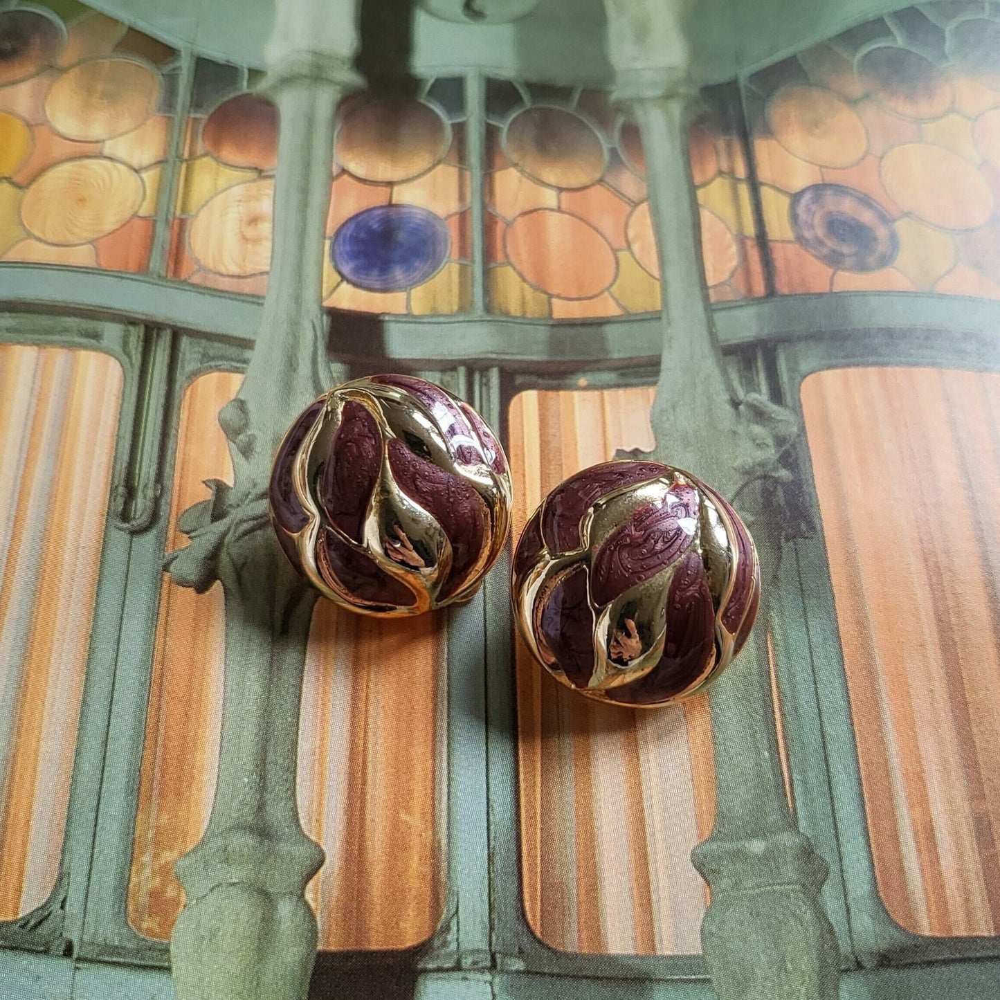 Clip on - Red Brown Enamel Round Clip On Earrings