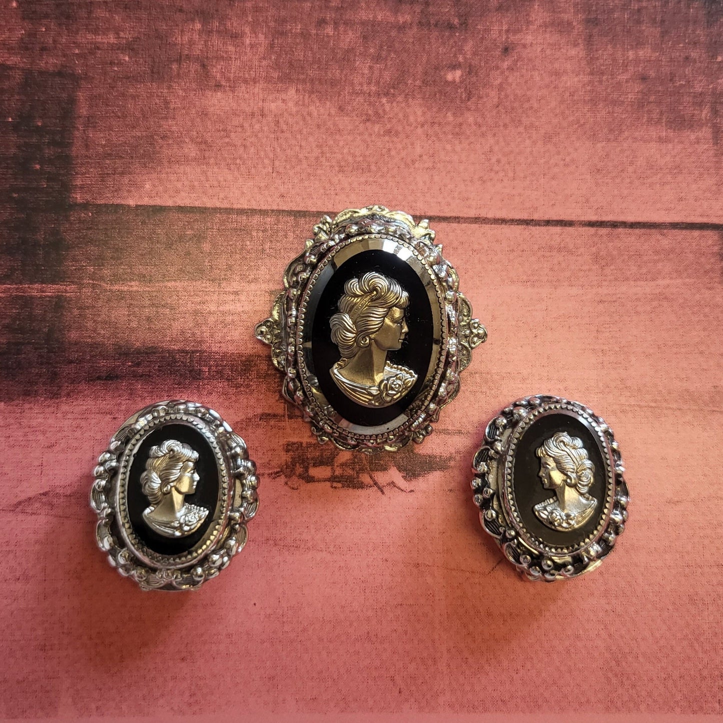 Set - Whiting and Davis Black and Silver Cameo Brooch and Earrings