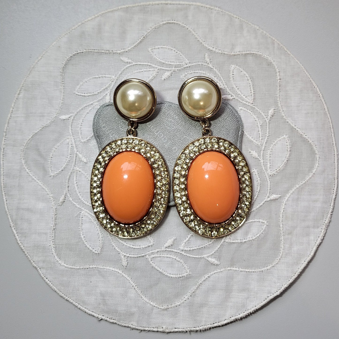 Posts - Statement Pearl and Orange Cabochon Drop Earrings