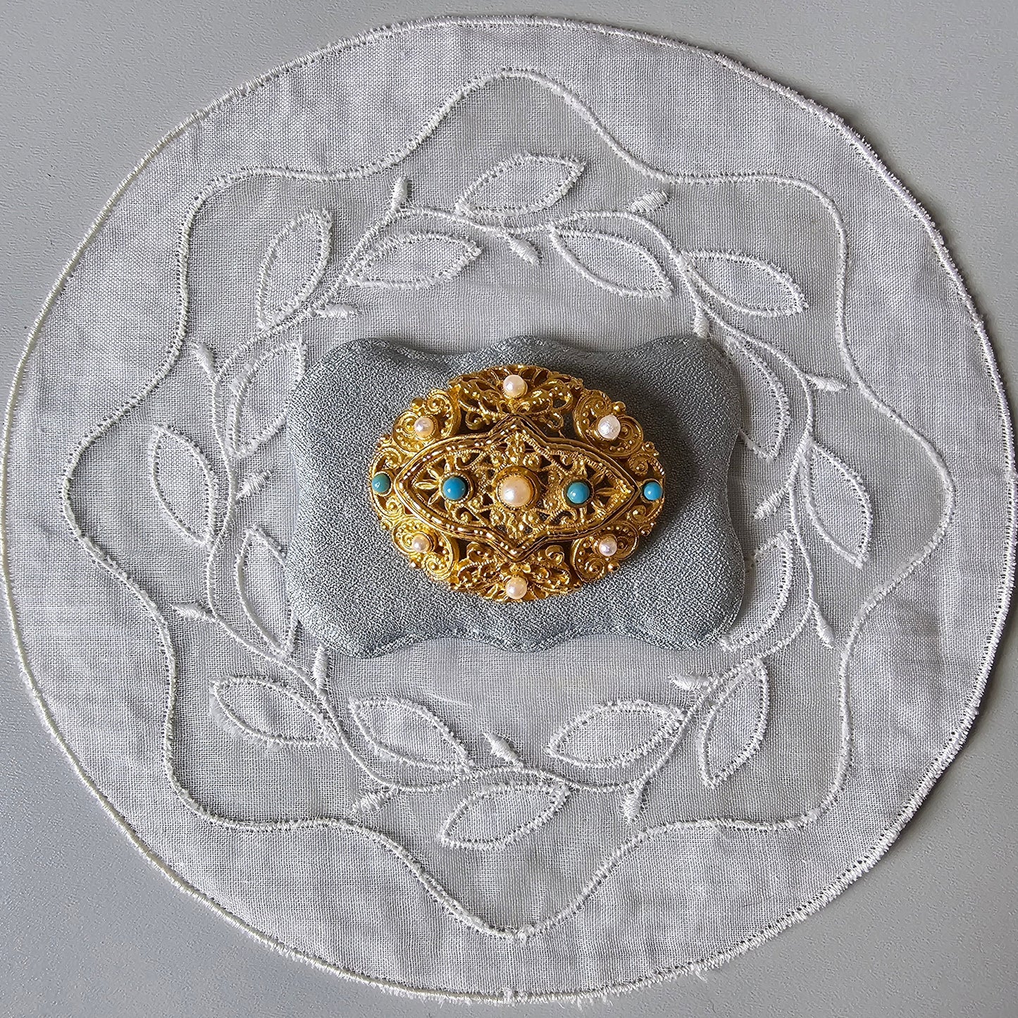 Brooch - Ornate Turquoise and Pearl Brooch