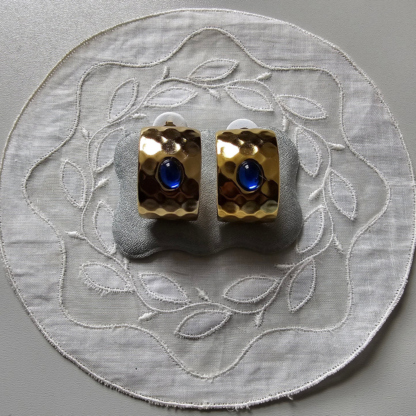 Posts - Blue Cabochon Square Half Hoop Earrings