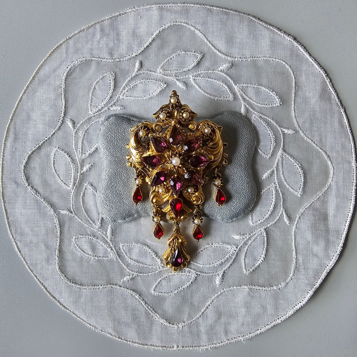 Brooch - Ornate Seed Pearls and Purple and Red Crystals Drops Brooch