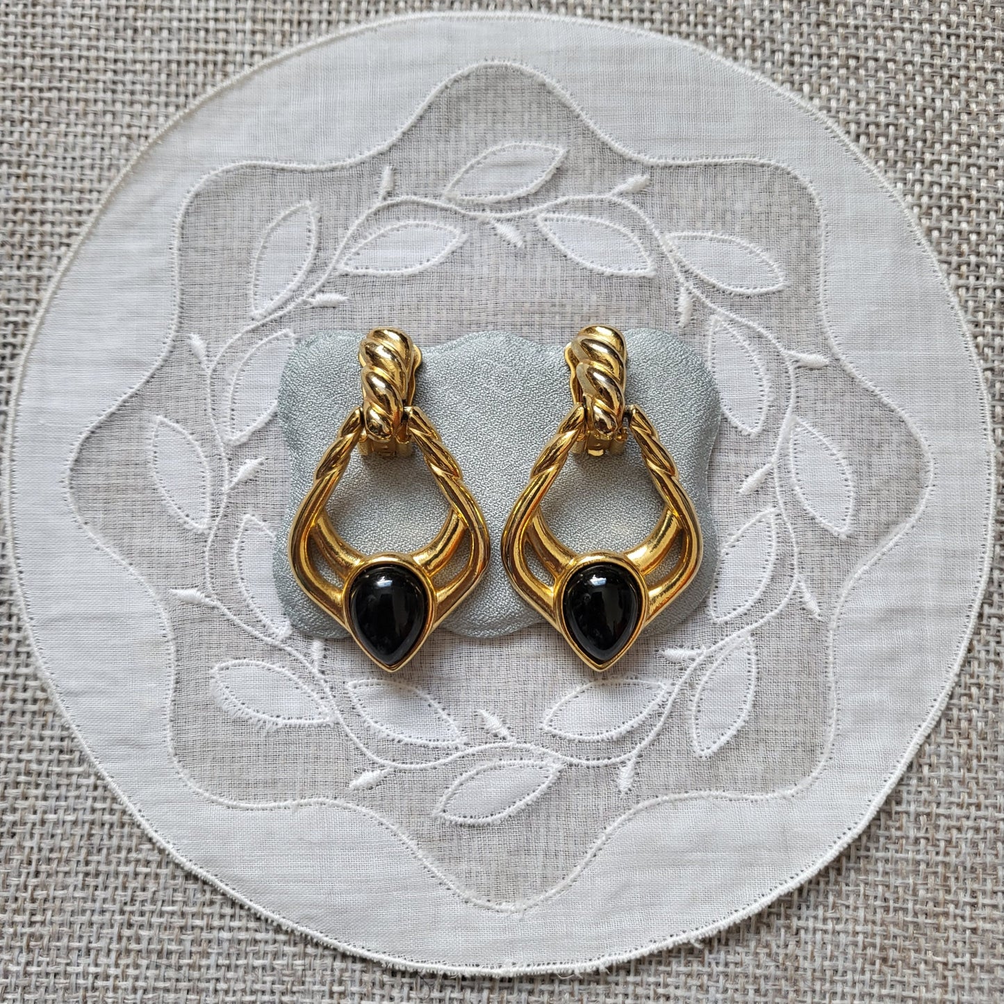 Clip on - Black Cabochon Gold Door Knocker Clip on Earrings