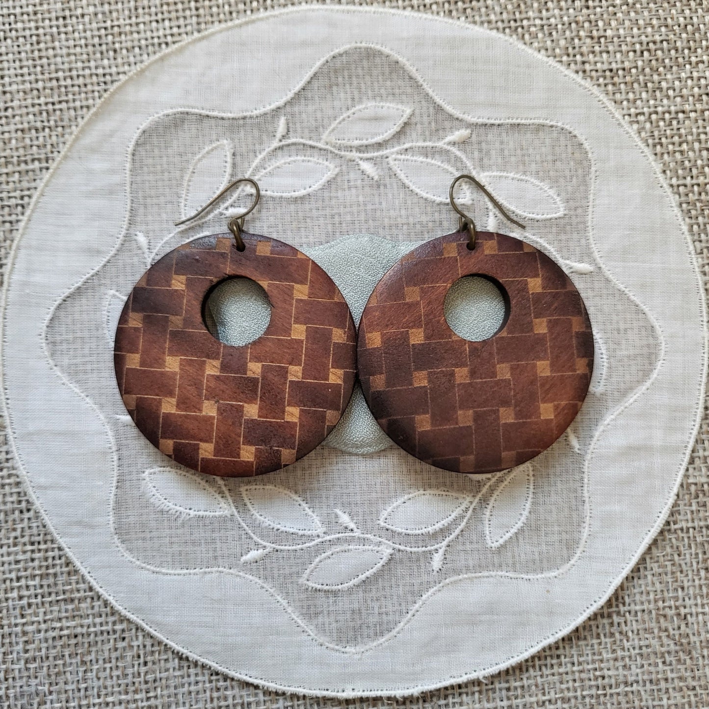 Hooks - Textured Wood Disk Hook Earrings
