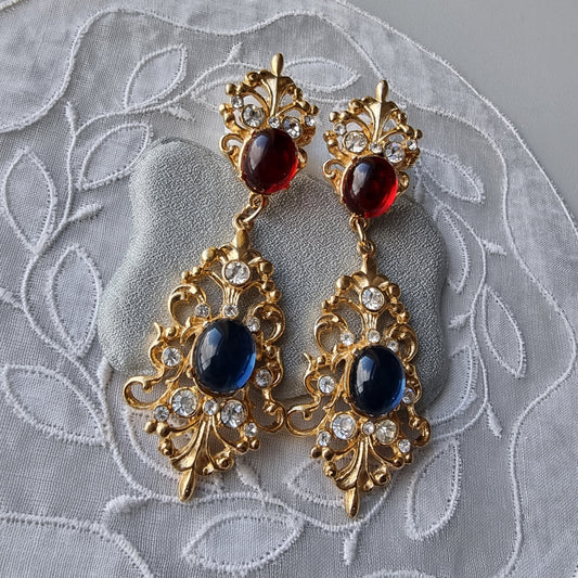 Posts - Statement Red and Blue Cabochon Drop Earrings