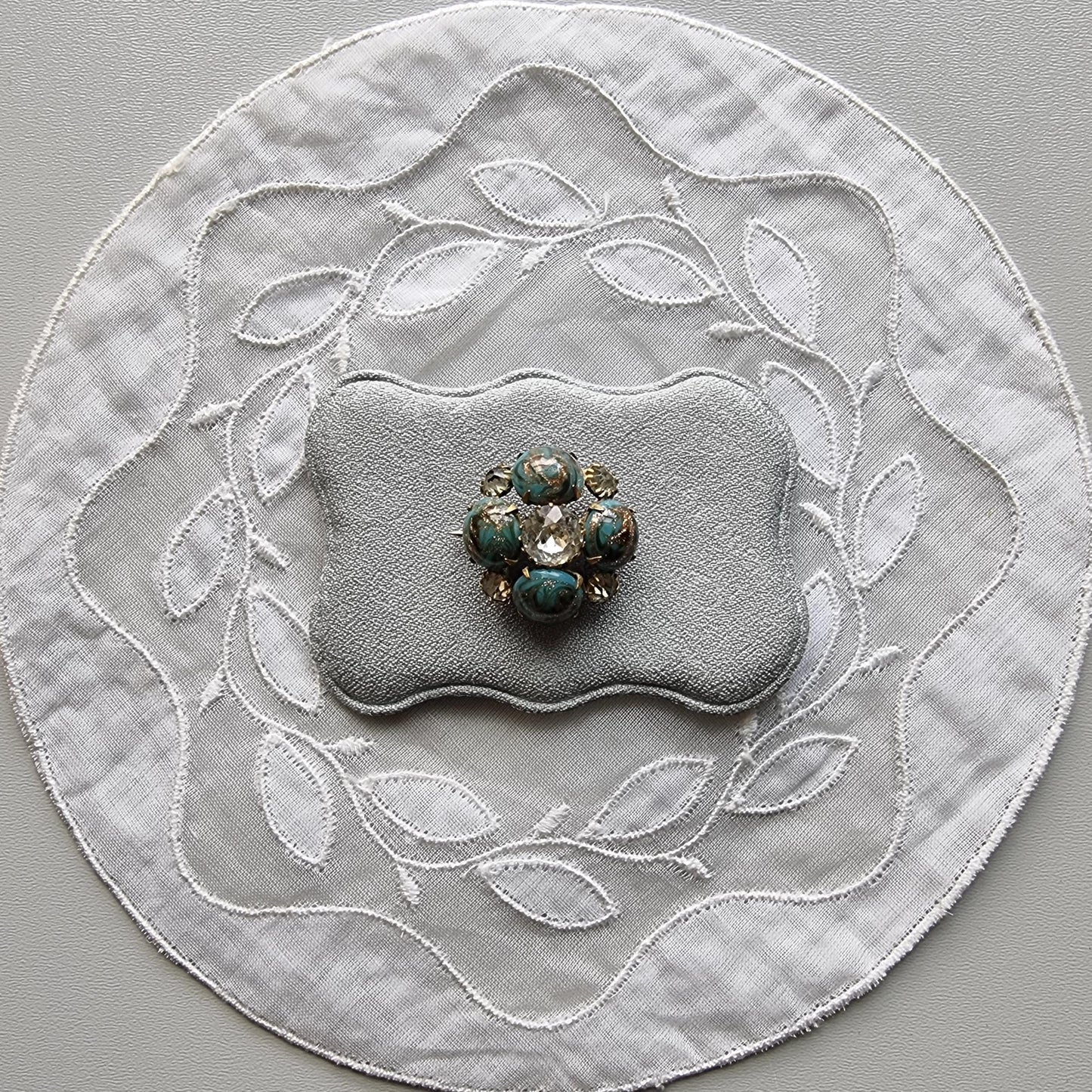 Brooch - Gold Turquoise Glass and Clear Crystal Flower Brooch