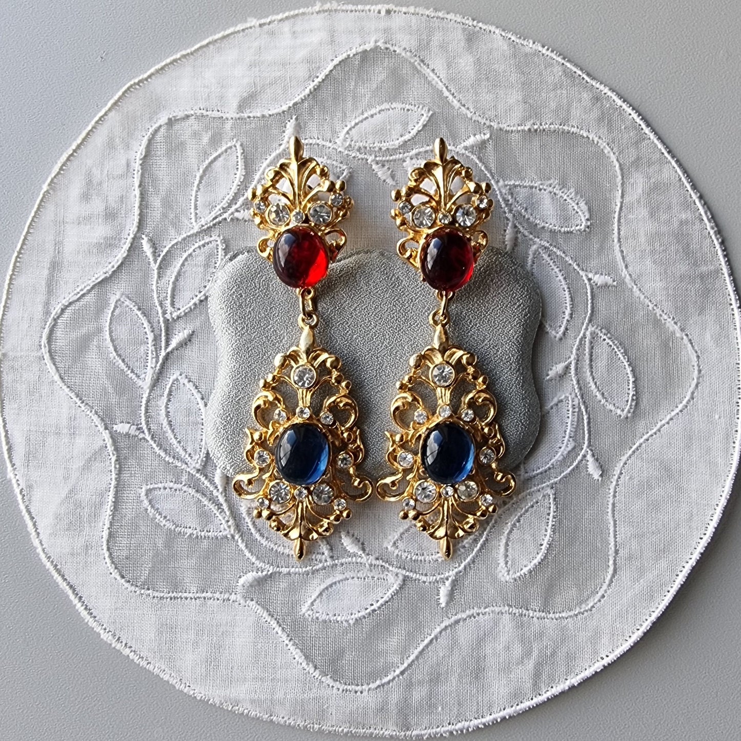 Posts - Statement Red and Blue Cabochon Drop Earrings