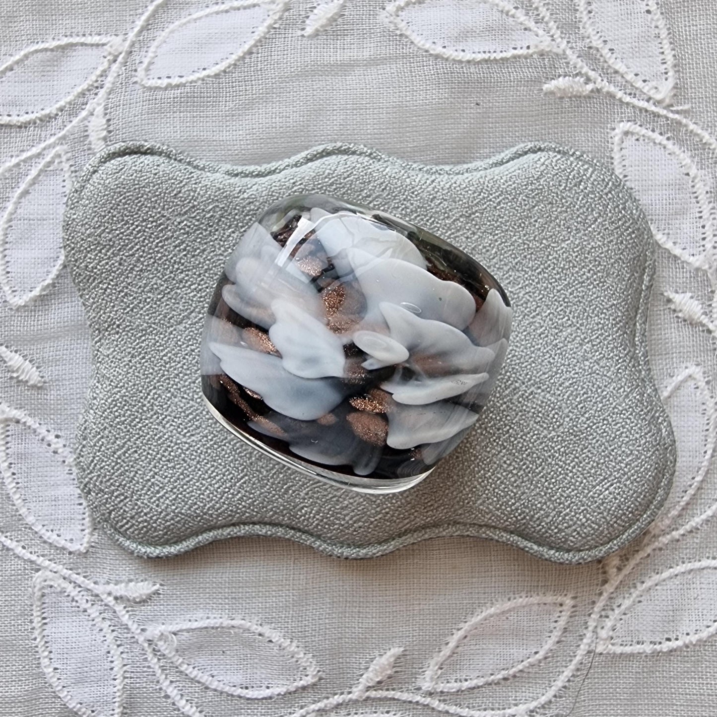 Ring - Black Brass and White Glass Flower Bombe Ring