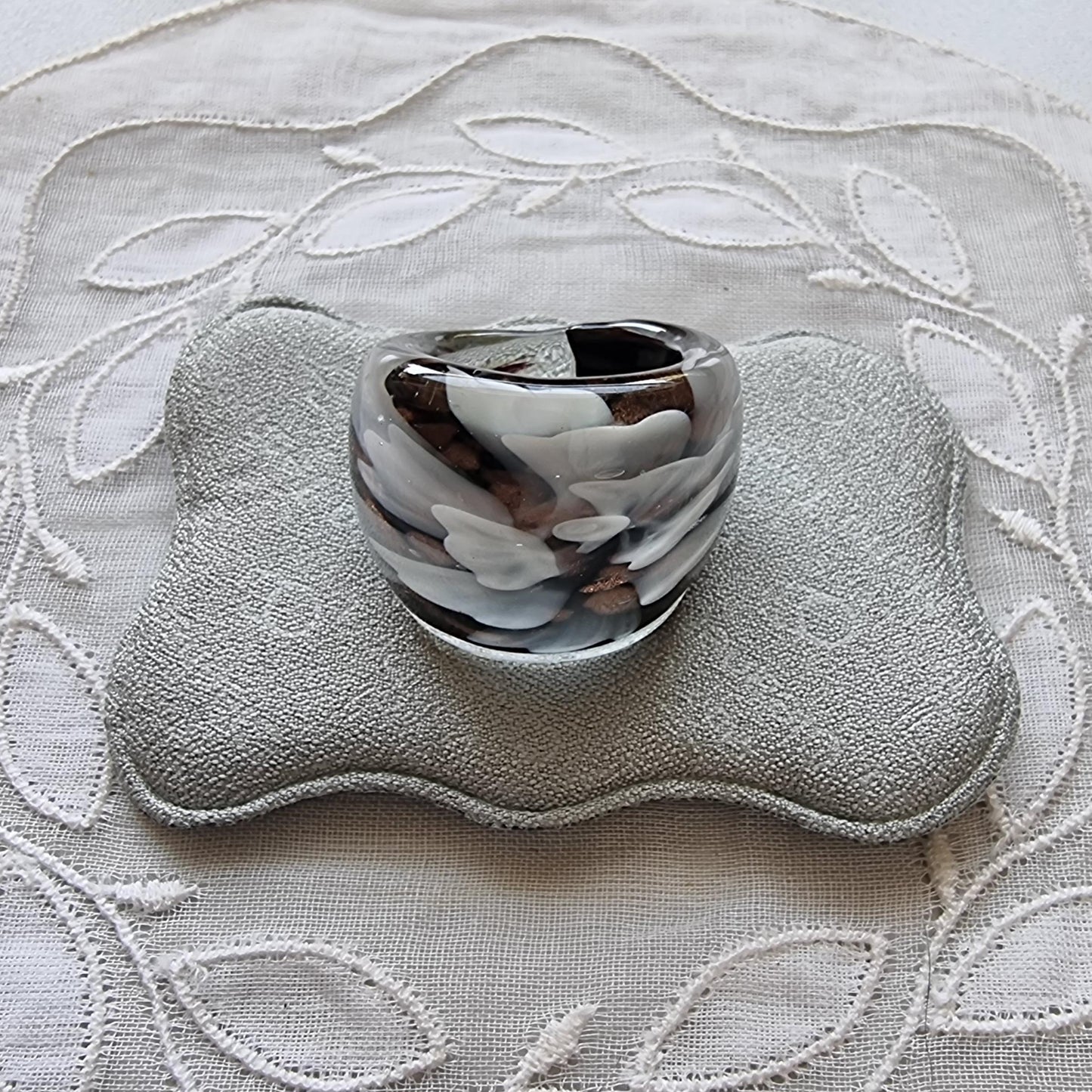 Ring - Black Brass and White Glass Flower Bombe Ring