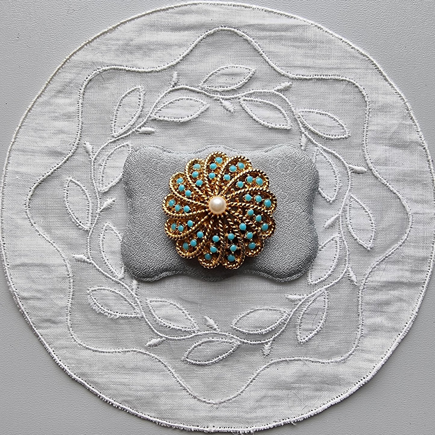 Brooch - Sphinx Gold Turquoise and Pearl Spray Brooch
