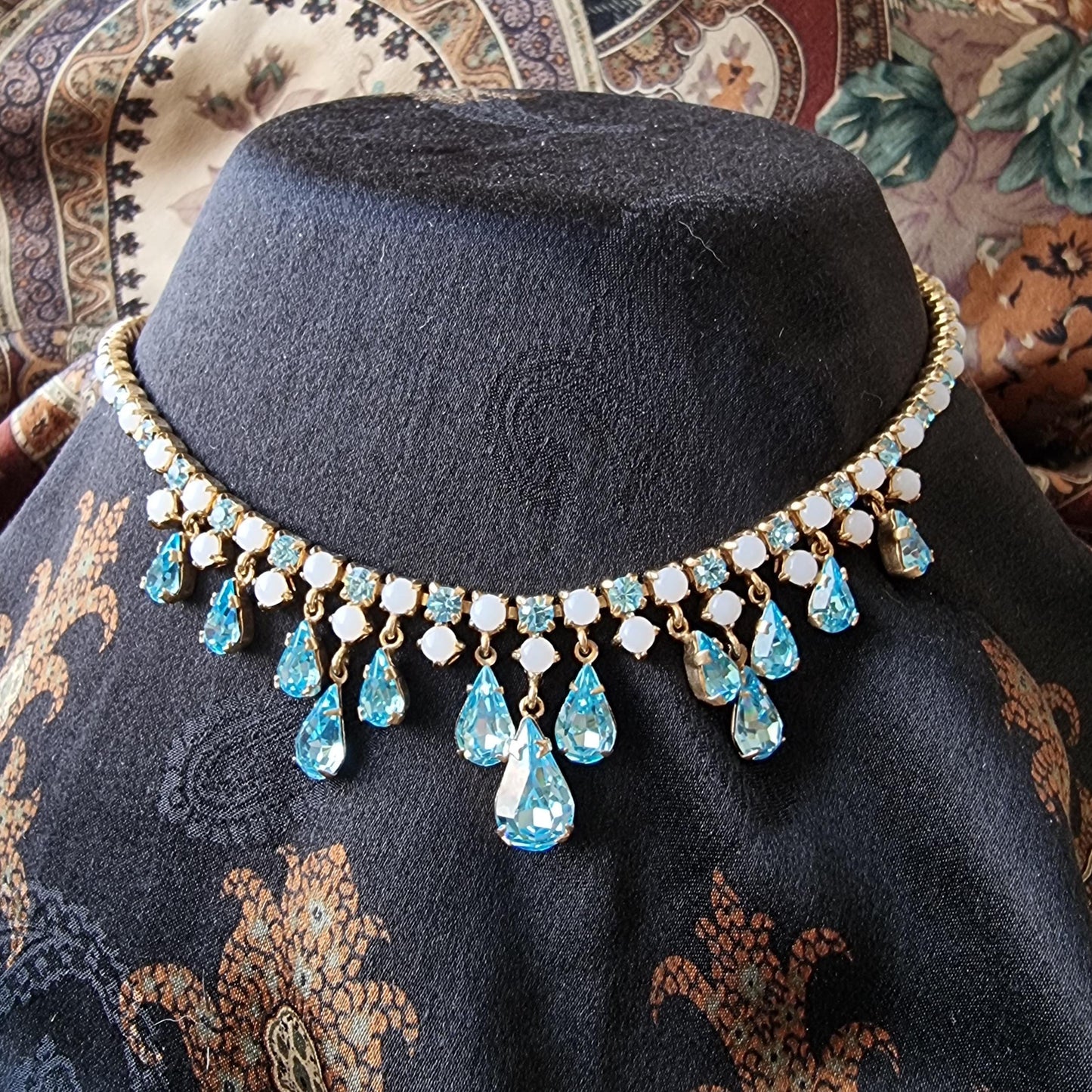 Necklace - Milky White and Aquamarine Blue Crystal Drops Necklace