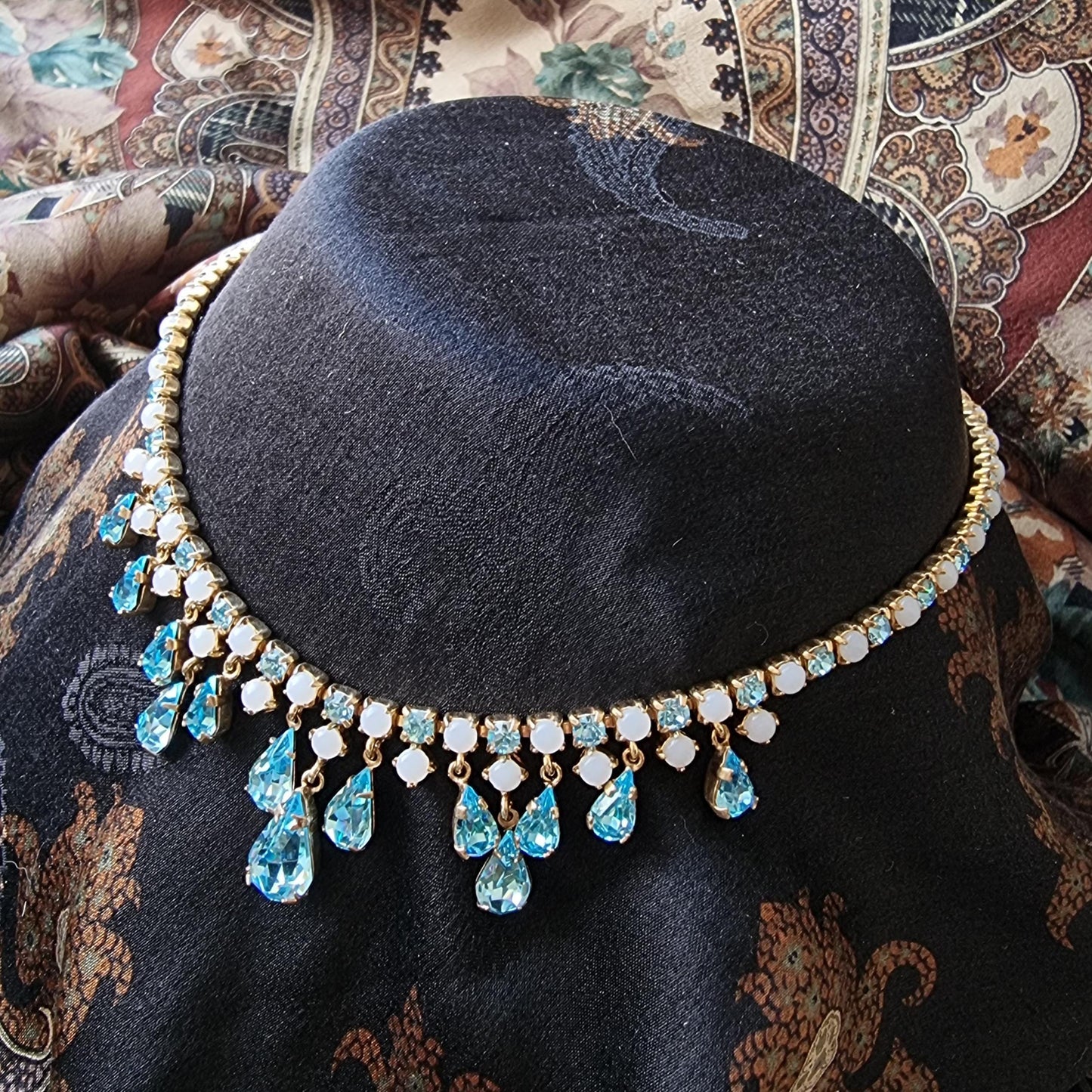 Necklace - Milky White and Aquamarine Blue Crystal Drops Necklace