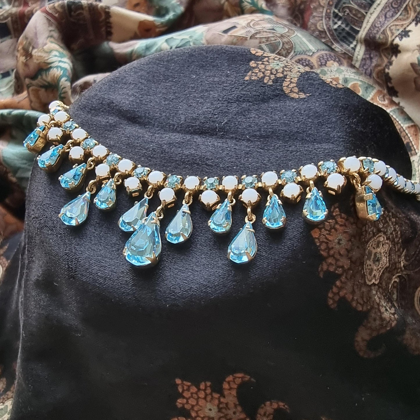 Necklace - Milky White and Aquamarine Blue Crystal Drops Necklace