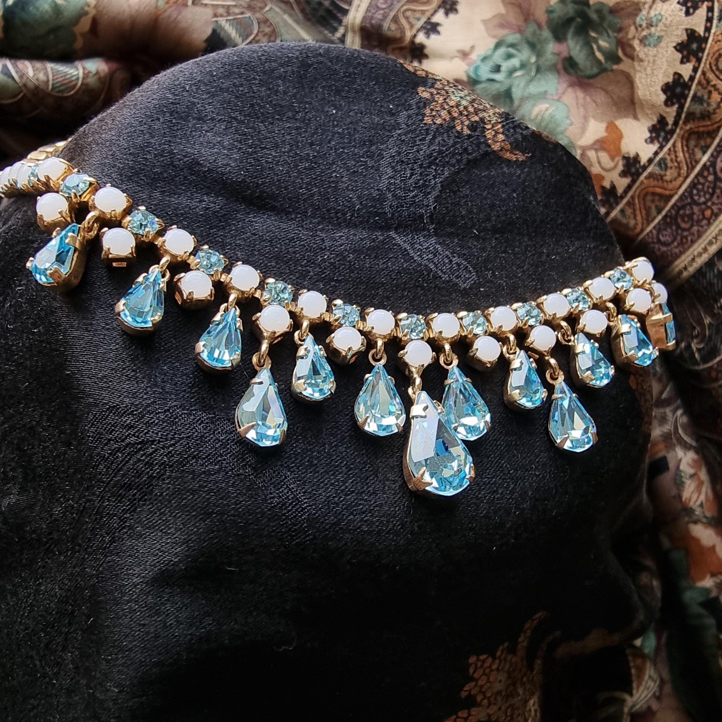 Necklace - Milky White and Aquamarine Blue Crystal Drops Necklace