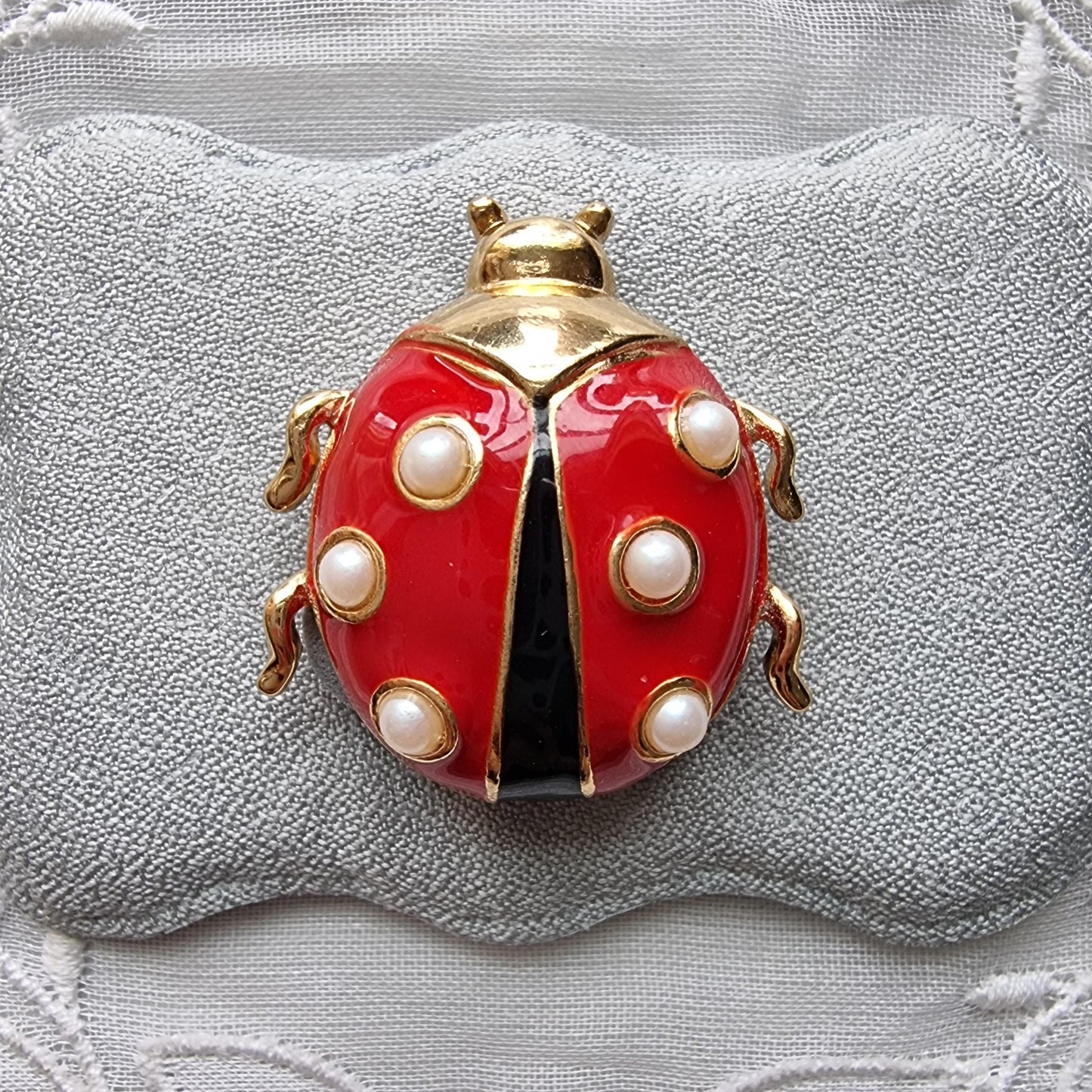 Brooch - Marvella Black and Red Enamel Faux Pearls Ladybird Brooch