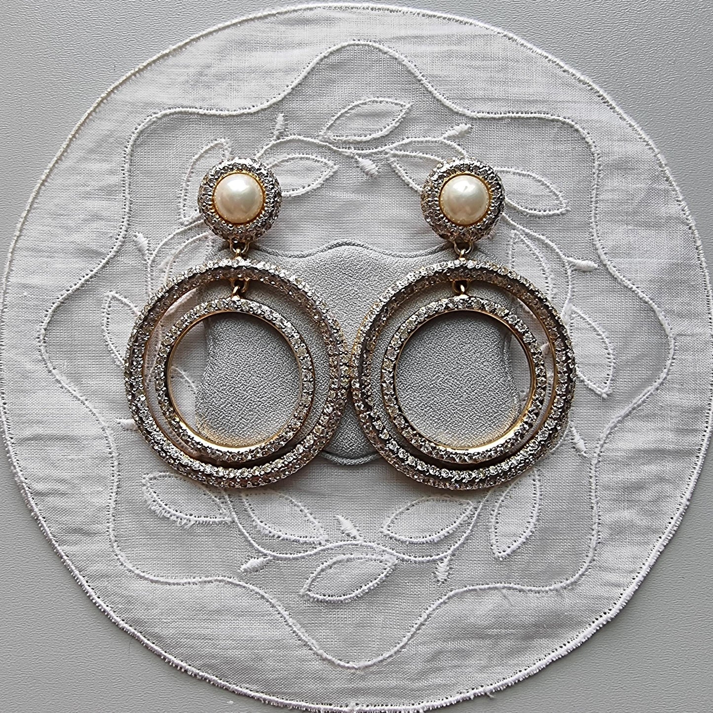 Clip on - Vogue Bijoux Faux Pearl and Clear Crystals Drop Statement Clip on Earrings