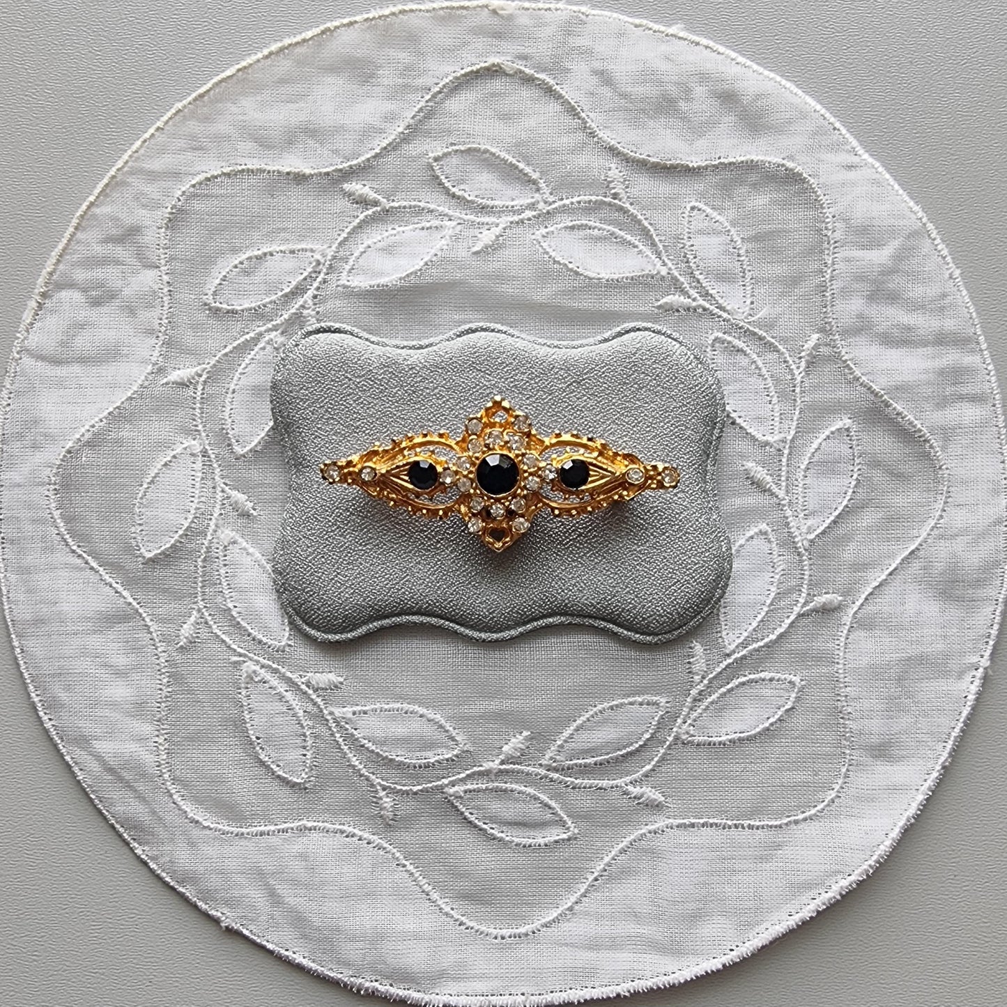 Brooch - Black Crystals and Seed Pearls Bar Brooch