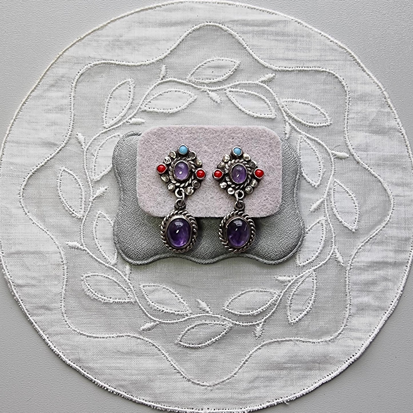 Posts - Sterling Silver Mexican Turquoise Coral and Amethyst Drop Earrings