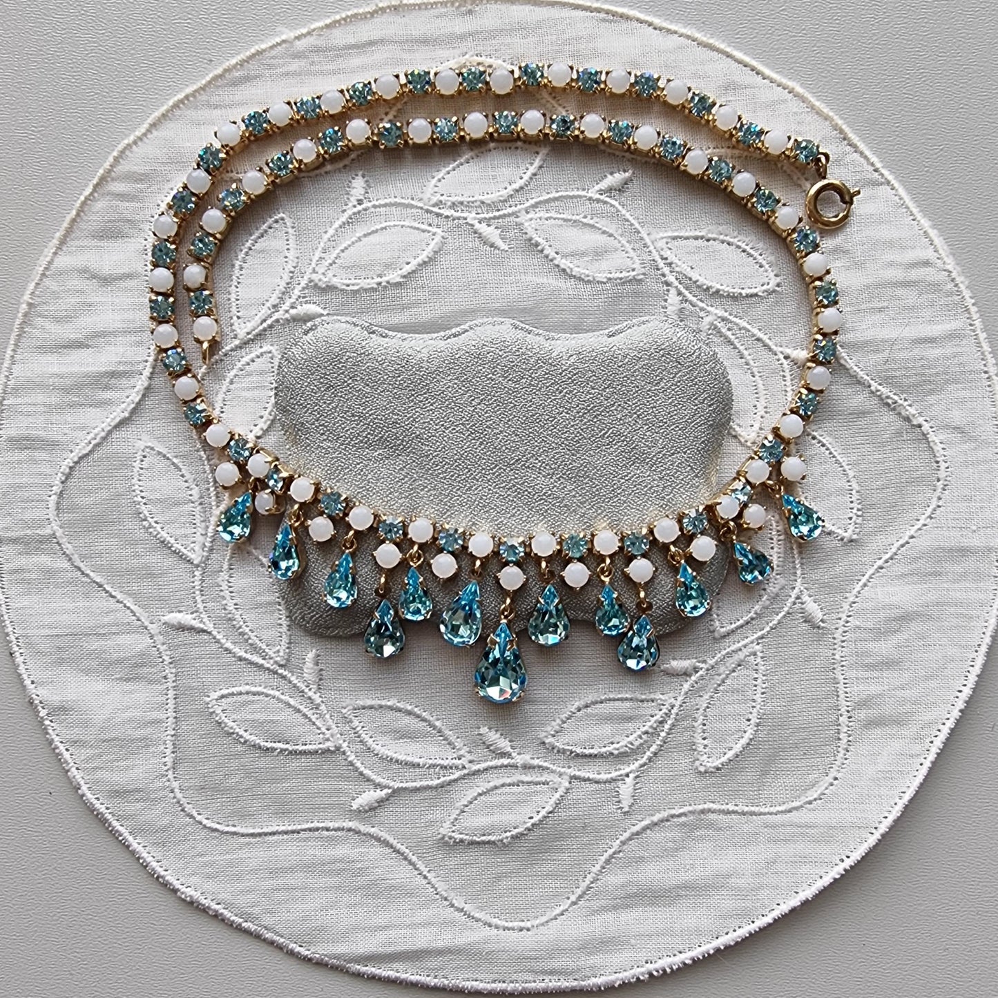 Necklace - Milky White and Aquamarine Blue Crystal Drops Necklace