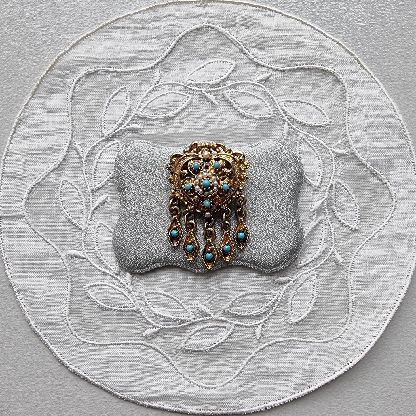 Brooch - Gold Heart Seed Pearl and Turquoise Drops Pendant Brooch