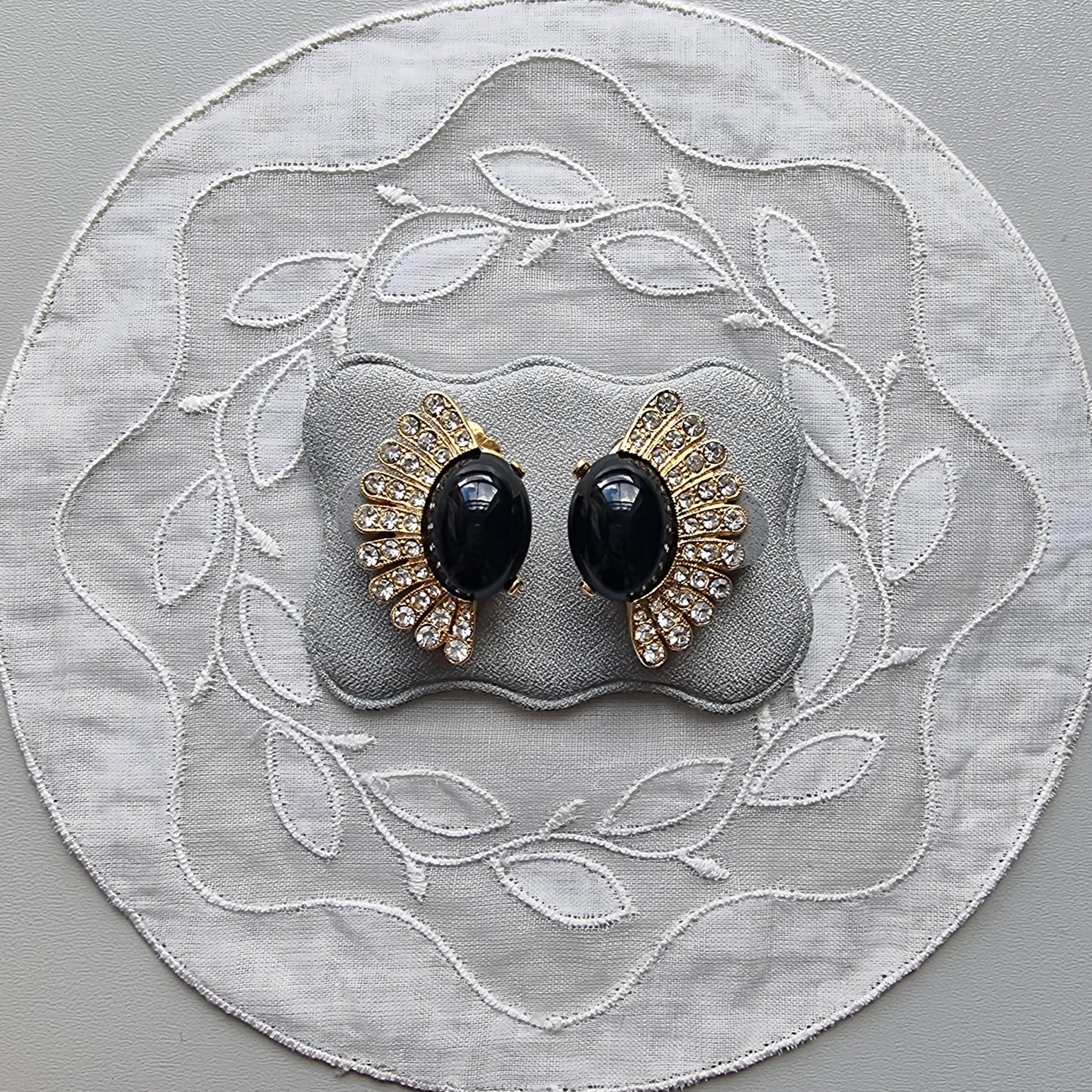 Clip on - Black Cabochon and Clear Crystals Clip On Earrings