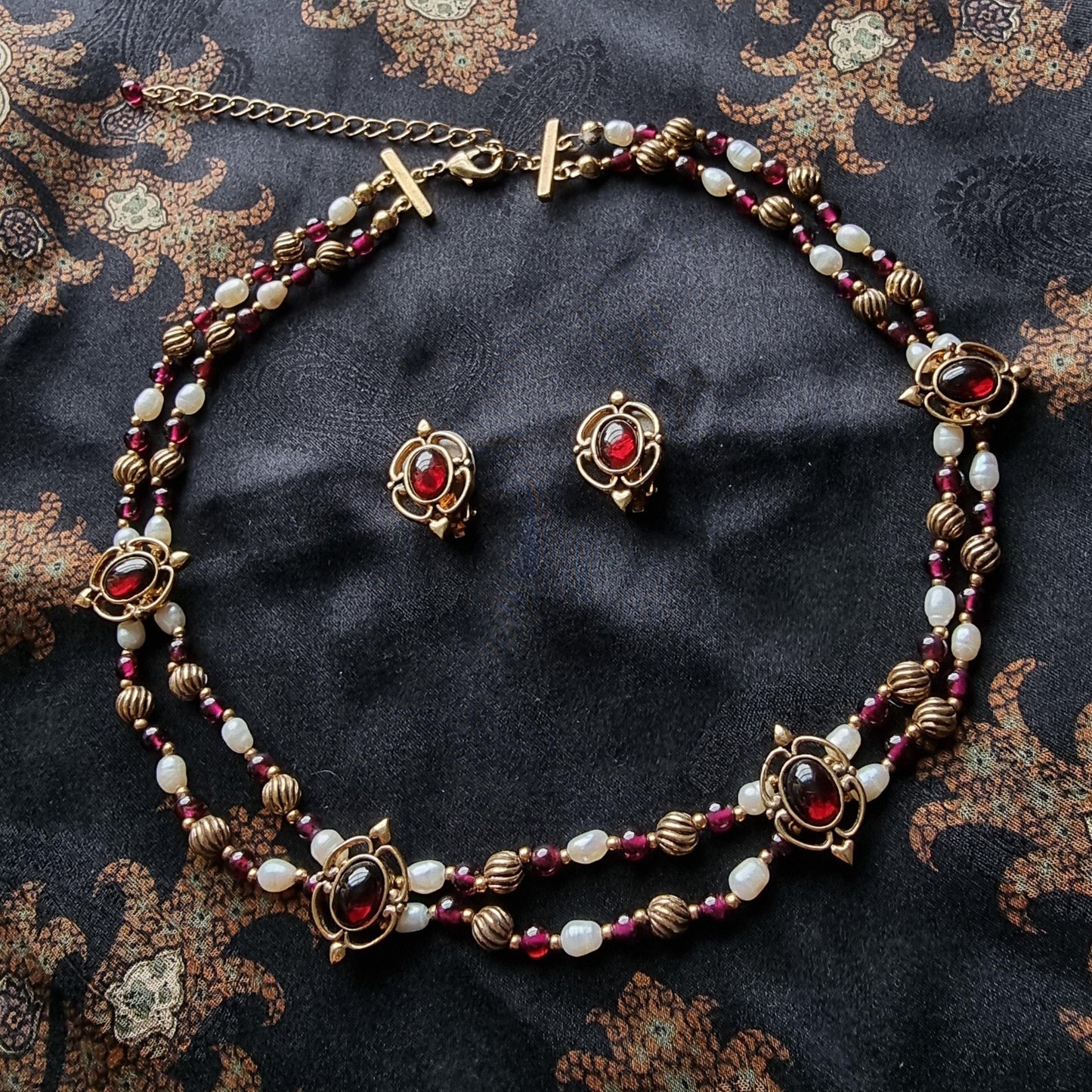 Set - Gold Freshwater Pearl and Garnet Beads Necklace and Garnet Earrings