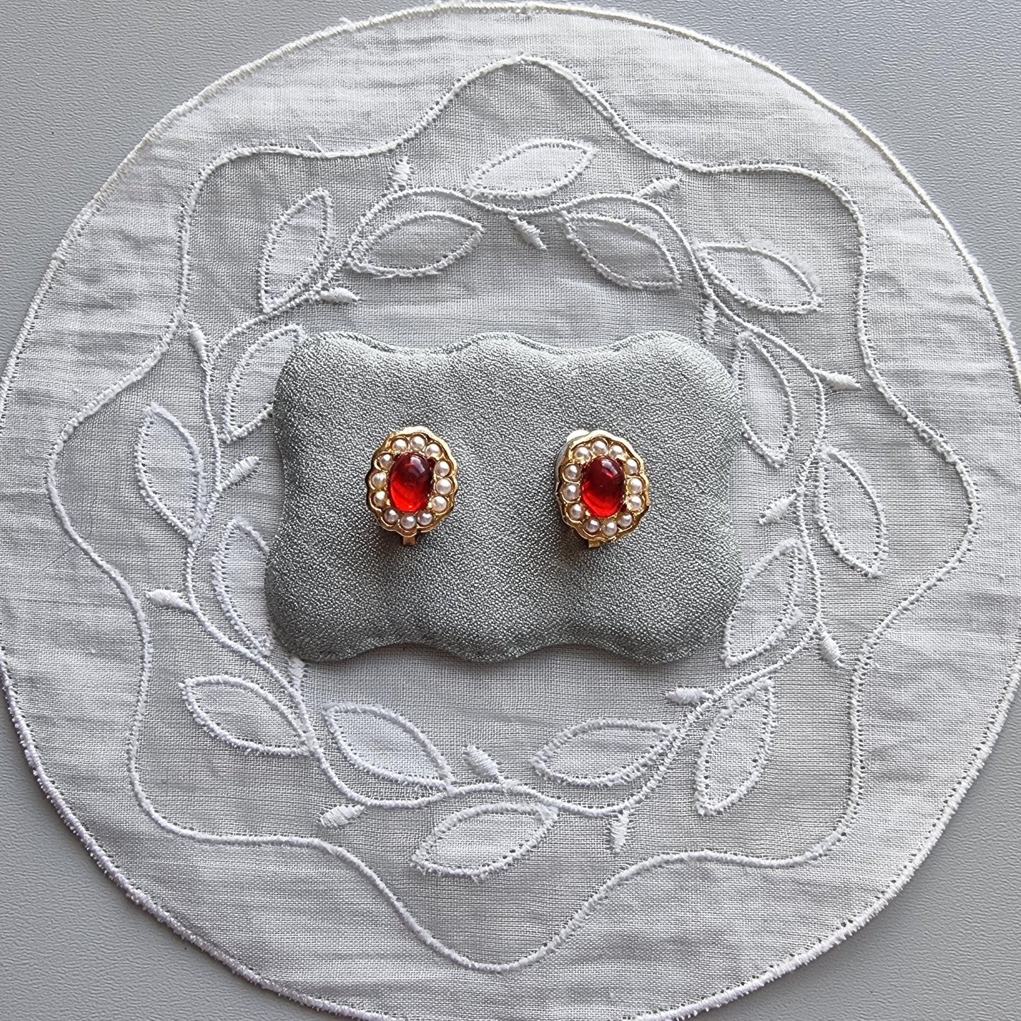 Clip on - Red Cabochon and Seed Pearls Clip on Earrings